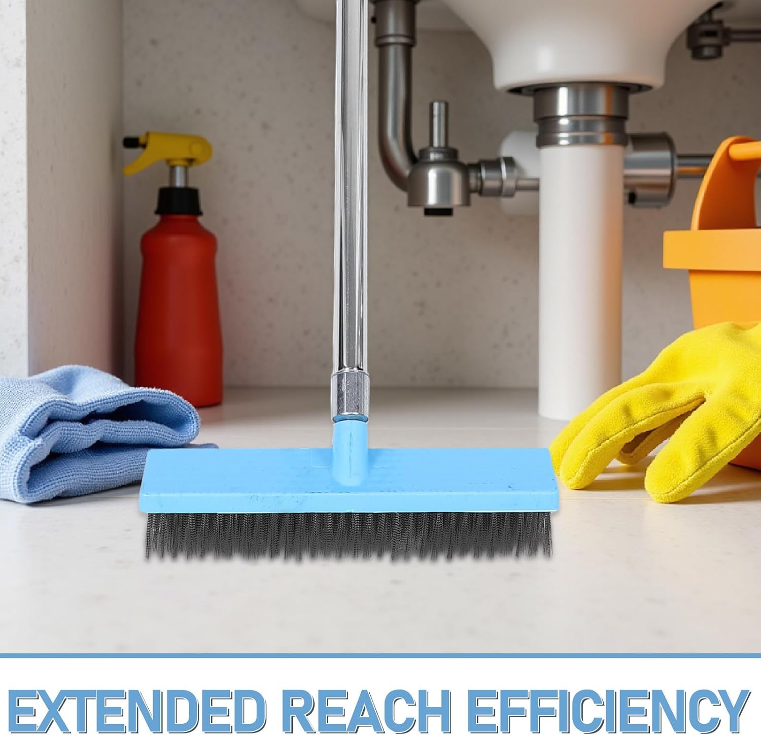 Long Handle Tile Scrubber for Bathroom Floors - Heavy Duty Stainless Steel Bristles Floor Scrubbing Brush Shower Tile Grout Cleaner for Household Bathtub Swimming Pool and Pond