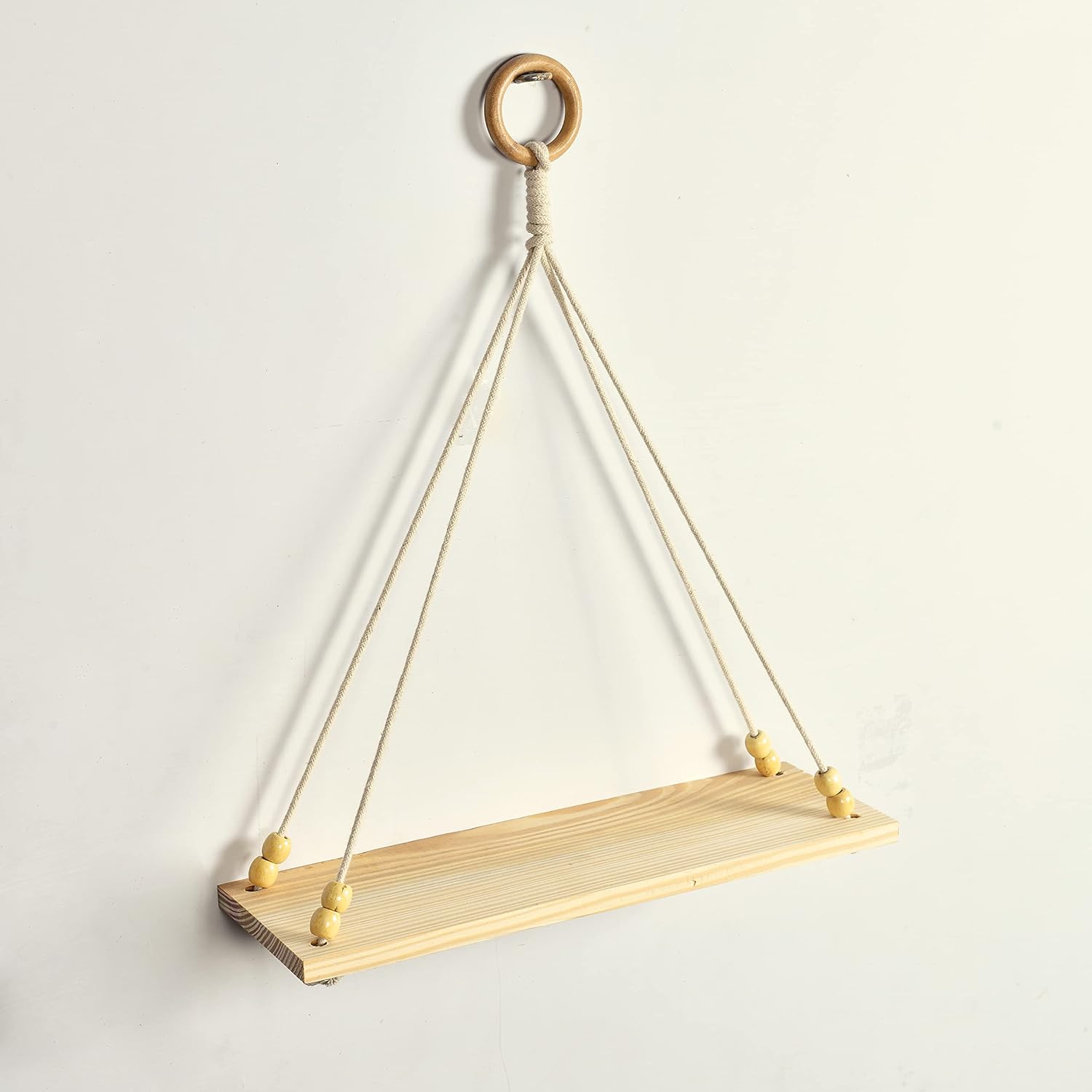 Decazone ® Macrame Wall Hanging Shelf Wood Floating Shelves with Wooden Beads & Ring Modern Chic Decor for Dorm Living Room Nursery Gift Item 55 x 43 cm Beige (Set of 2)