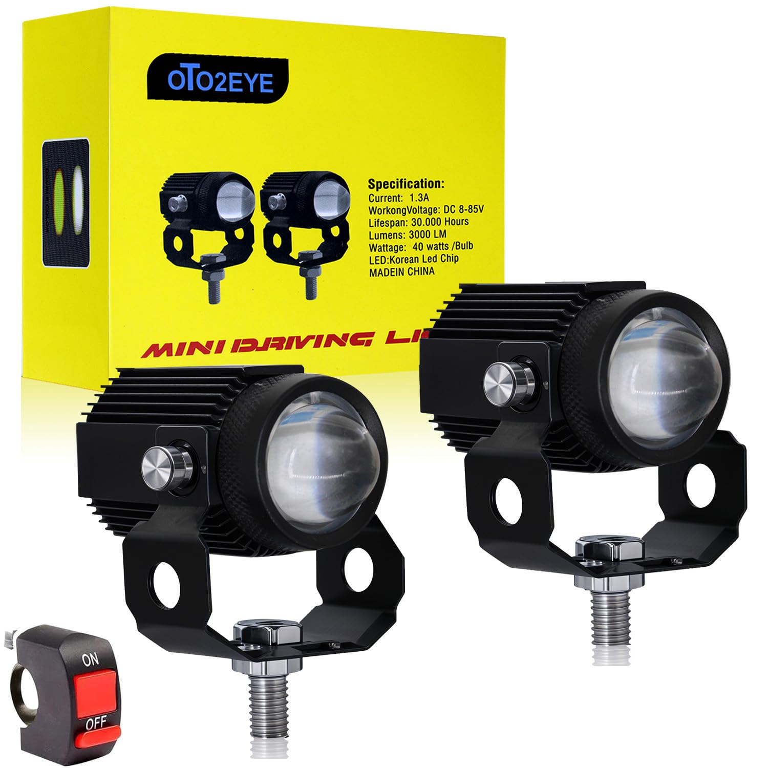 OTO2EYE Original Imported Mini Driving Fog Led Light Dc Power 12V-24V 40W Universal For All Motorcycle, Scooty, Cars, Projector Light White And Yellow (Pack Of 2, Switch)