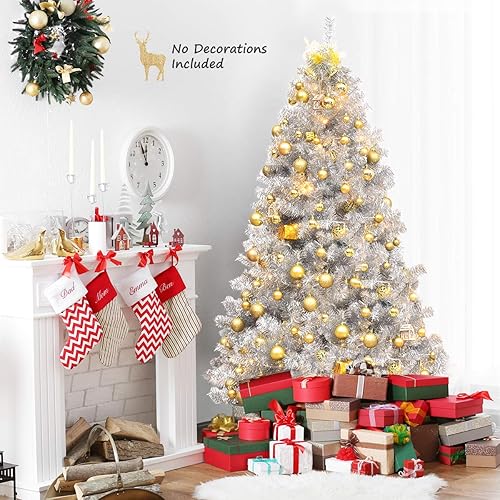 Miniatura 2 de GOFLAME Árbol de Navidad artificial de 6 pies con bisagras con 1036 puntas de rama, árbol de Navidad de oropel plateado con soporte de metal,