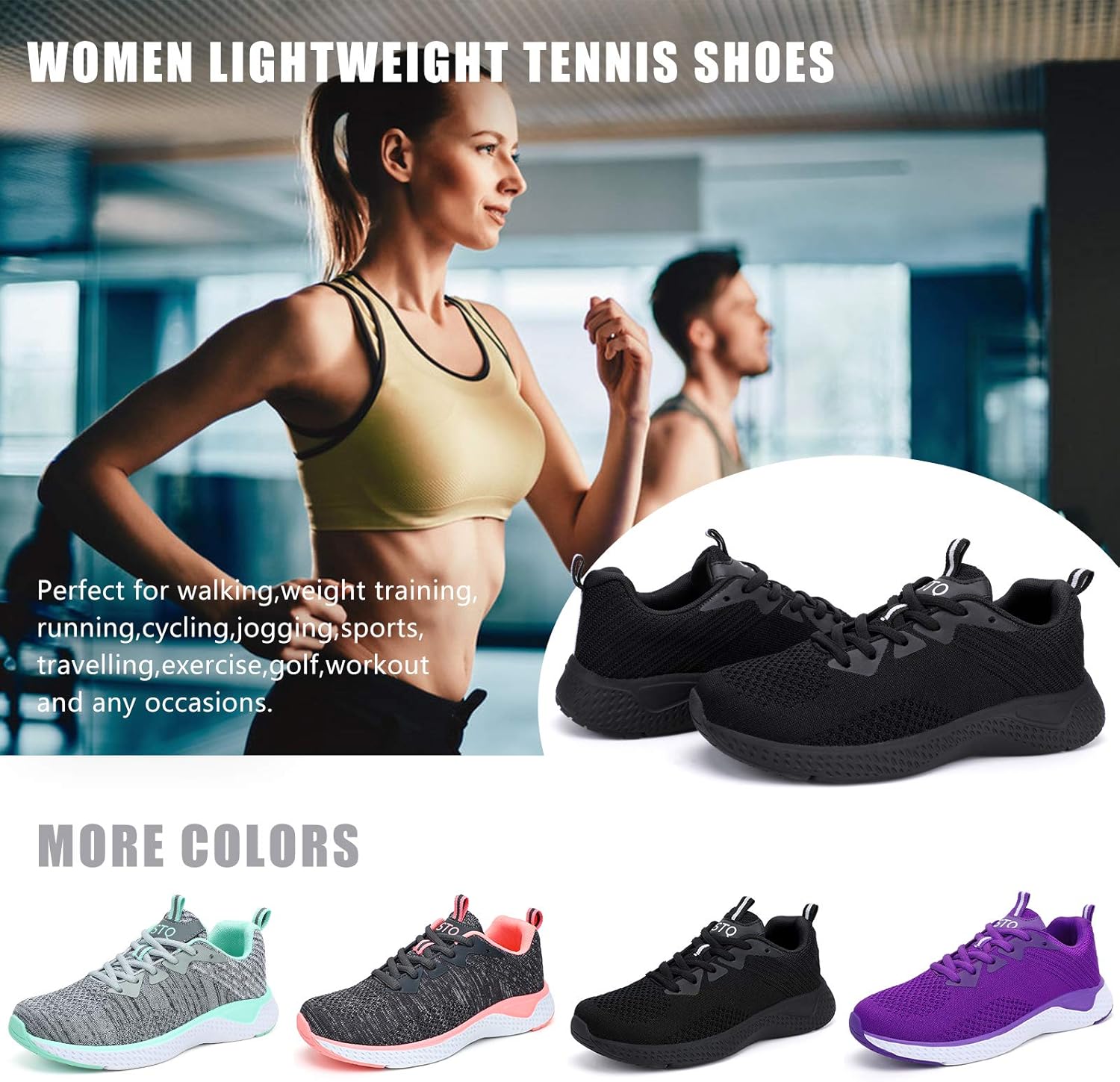 STQ Walking Shoes Women Breathable Cushion Running Tennis Fashion Sneakers with Arch Support 8 All Black 1019