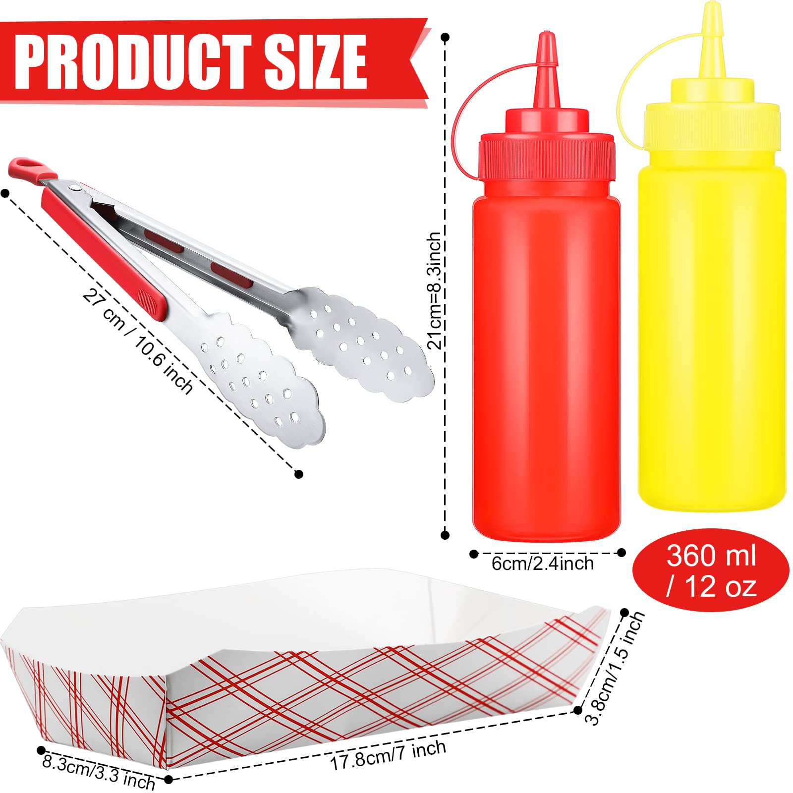105 Pc Hot Dog Serving Set - 100 Paper Trays, 2 Stainless Tongs, 3 Squeeze Bottles For BBQ Parties