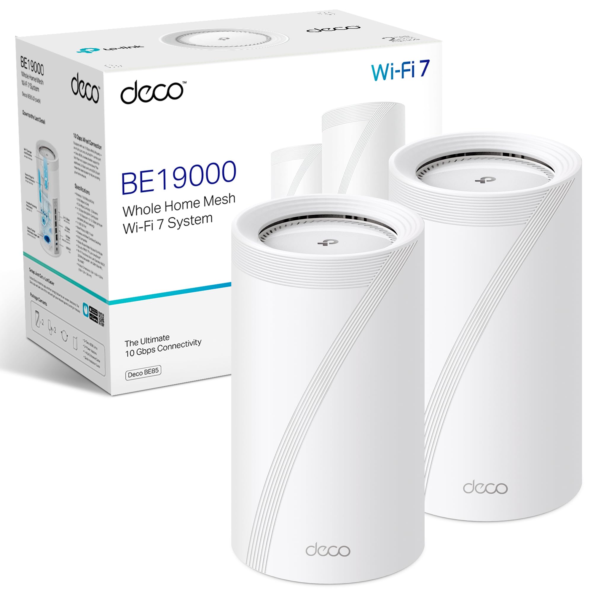 TP-Link Deco BE85 (2 Pack) - Sistema Wi-Fi 7 Mesh BE1900 Tribanda (Nueva Banda 6GHz), 1 Puerto 10 Gbps, 1 Puerto SFP+/RJ45 Combo 10 Gbps, 2 Puertos 2.5 Gbps, Canales de 320MHz, MLO