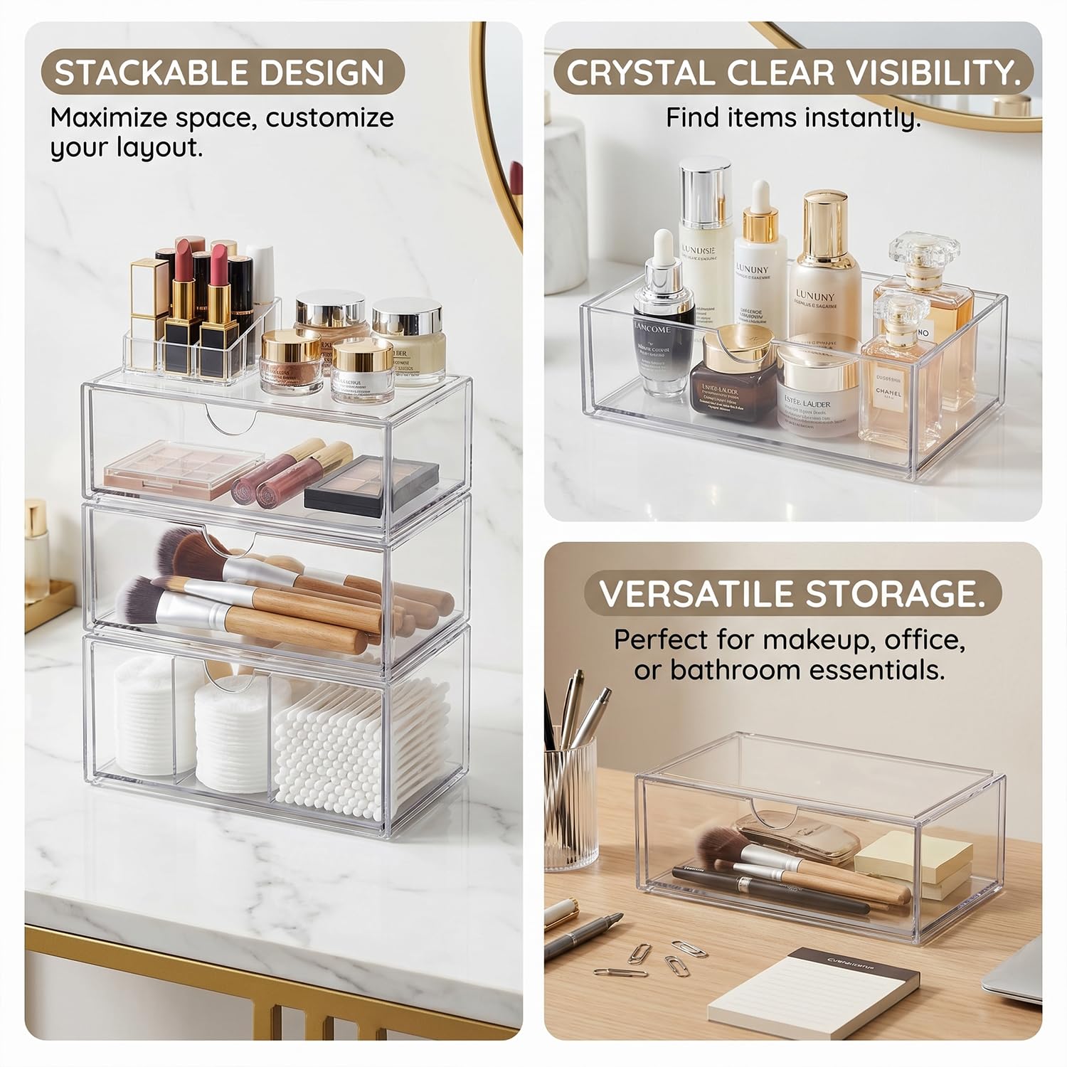 ALINK Badezimmer Organizer Mini mit Schubladen 3 Set, aus Acrylic stapelbar Transparent,für Kommode Waschtisch Badezimmer Spiegelschrank innen