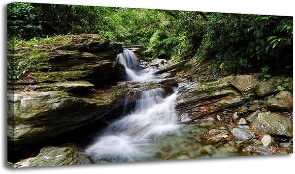 Large Wall Art Prints 20"x40" Rocky waterfall El Yunque National Forest Puerto Rico Framed Canvas Wall Art Painting Artwork Poster Picture Wall Decor for Living Room Bedroom Hanging