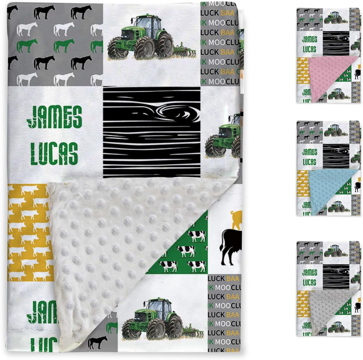 Personalized Baby Blanket - Custom Name Plaid Blankets with Animals & Tractor Design - Soft Plush Flannel Blanket with Double Layer Dotted Backing for Boys Girls Gift Color01