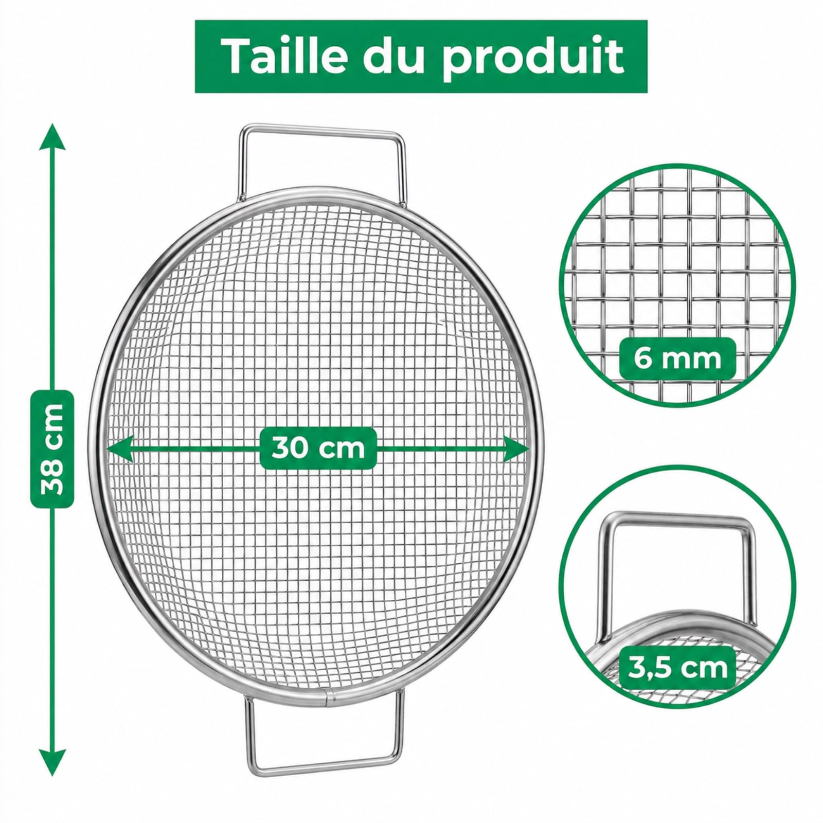 Tamis de jardin - Double poignées de 3,5 cm pour grandes mains - Diamètre : 30 cm - Pour seau de 18 l - Filet en acier galvanisé de 1 mm - Maille de 6 mm - Pour jardin et plantes en pot