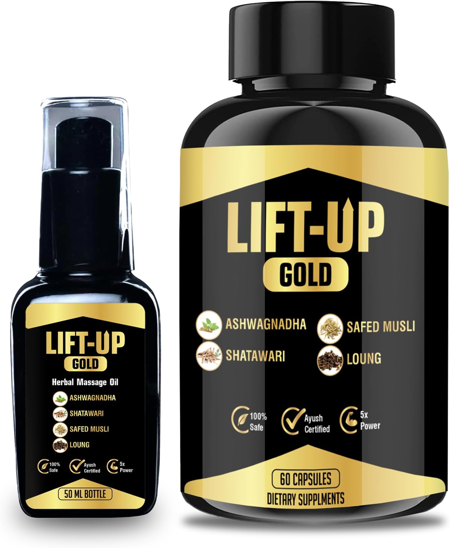 Lift-Up Gold Ayurvedic Massage Oil With Capsules For Men Combo Of 50 Ml Oil With 60 Capsules Performance Oil Restores Energy & Hardens The Relaxing Muscles