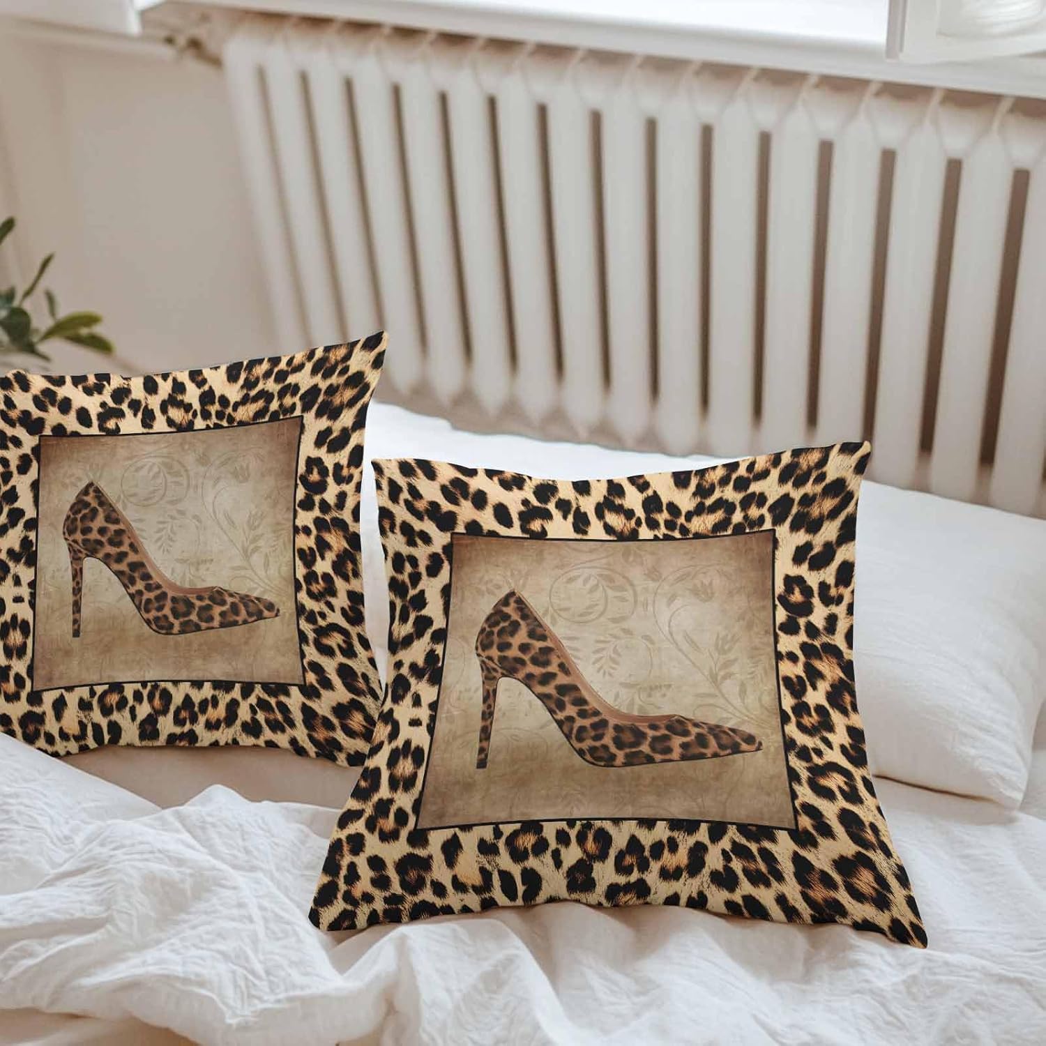 Animals Leopard High Heel Shoes Outdoor Pillow Covers Set of 2, Decorative Waterproof Throw Pillow Case, Animal Skin Dots Texture Cotton Linen Soft Cozy Cushion Pillowcases