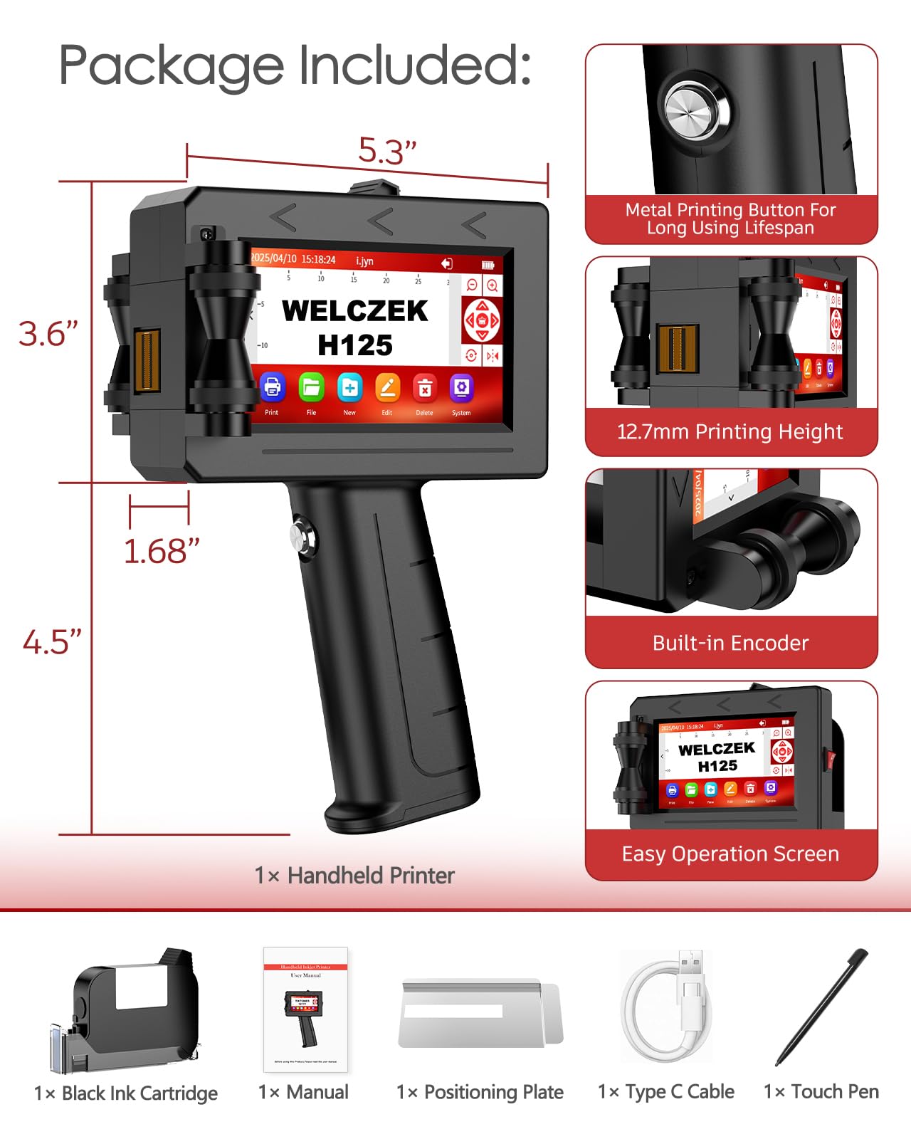 H125 Stampante a Getto d'Inchiostro Portatile e Manuale per Testo/Logo/Codice QR/Data/Lotto/Serie | Sistema di Marcatura Industriale su Cartone/Metallo/Plastica/Ceramica/Legno/Tessuto