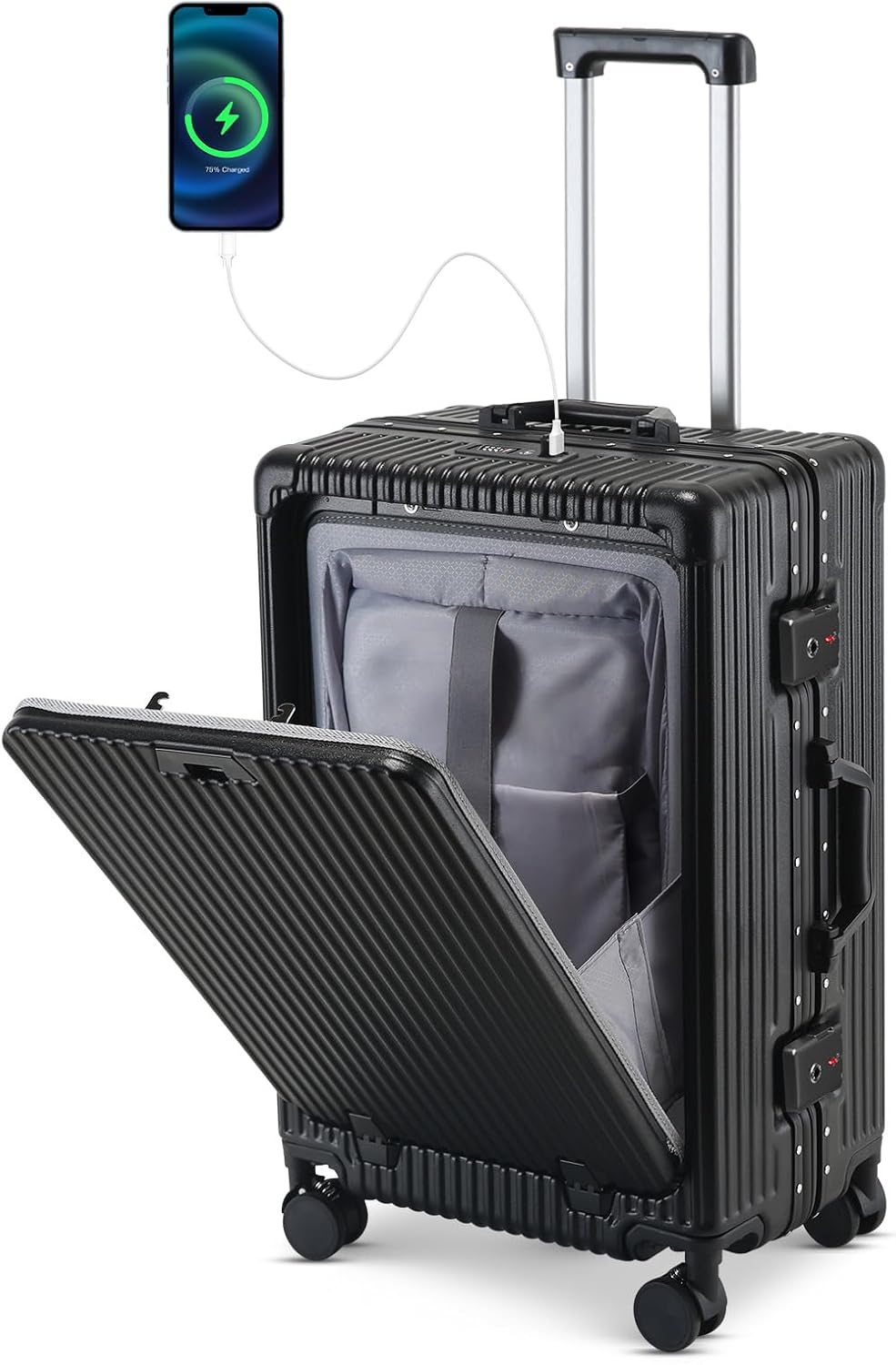 20 Inch Aluminum Frame Carry On Luggage with Front Pocket, USB Port, Phone Holder & Cup Holder, Hard Shell Spinner Suitcase for Airplane Travel, Black