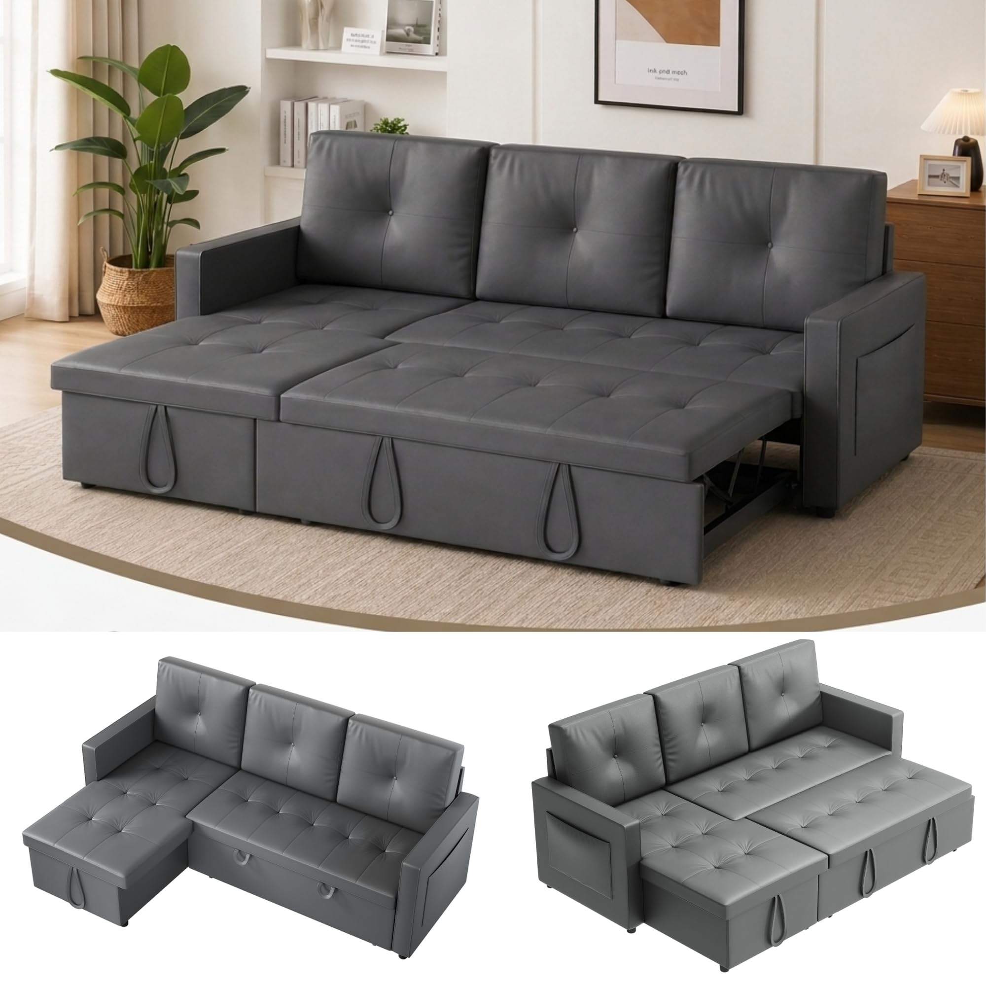 SONNI Sofa, Ecksofa, Schlafsofa mit Schlaffunktion, 203x132x88cm, 3 Sitzer Sofa, Bettcouch, Couch mit Bettkasten, Seitentasche, Katzenpfotenleder, Ideal für Wohnungen Wohnzimmer, Dunkelgrau