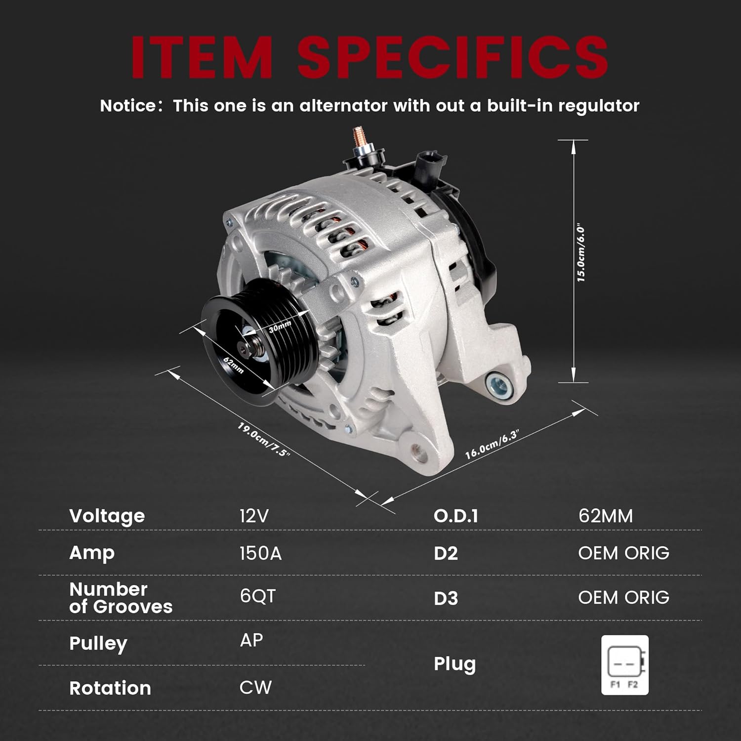 Alternator Fits for/Dodge Ram 1500 2009-2010, Ram 2500 2010; Fits for/Ram 1500 2011-2012, 2500 3500 2011-2018 V8 5.7L,150AMP 12 V 6-Groove Pulley 56028697AL,11299N