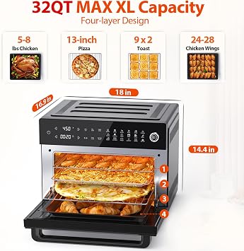 Aeitto® 32-Quart PRO Large Air Fryer Oven| Toaster Oven Combo | with Rotisserie, Dehydrator  Accessories | 19-In-1 Digital Airfryer | Fit 13 Pizza, 9pcs Toast, 1800w, Black