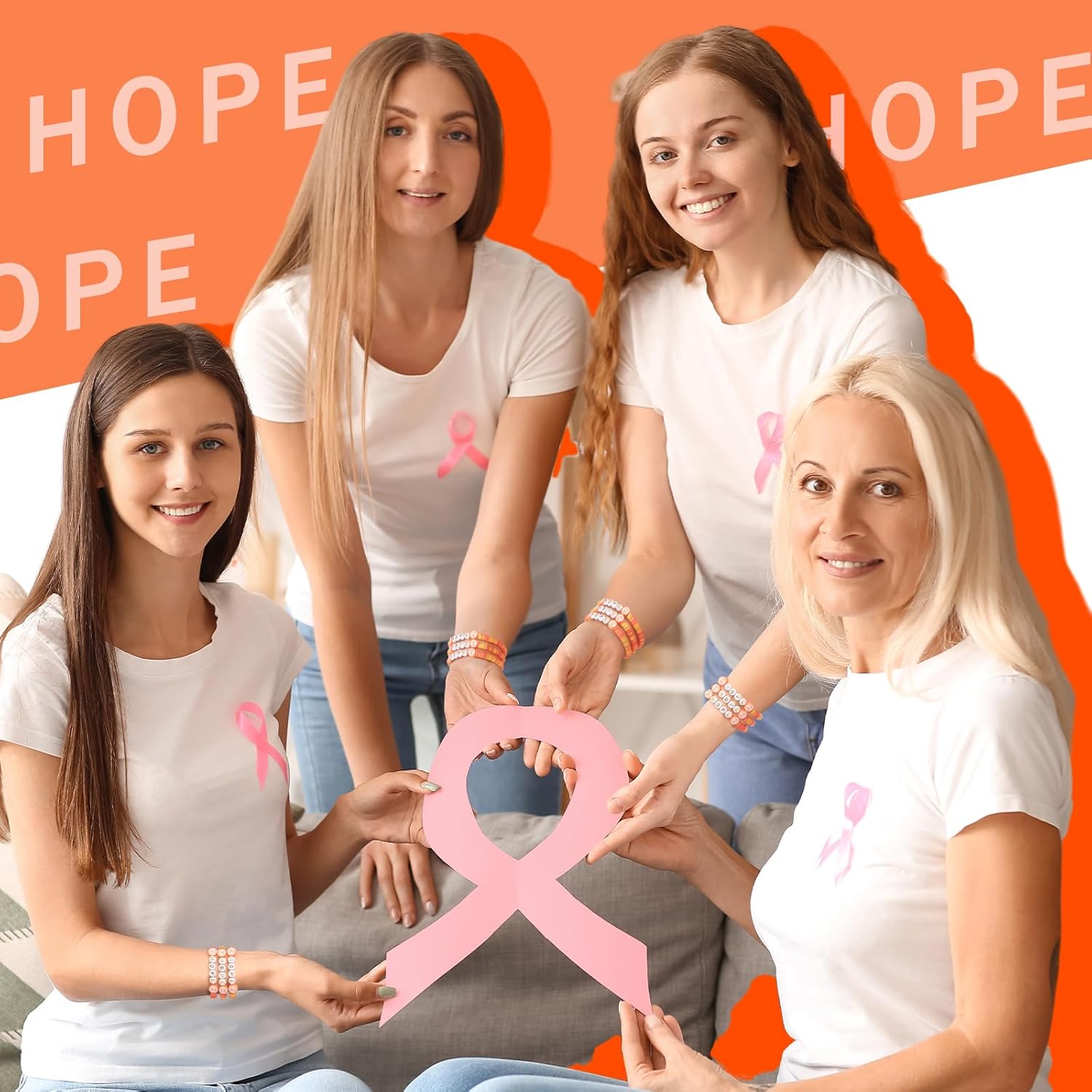 Tondiamo 24 Pcs Breast Cancer Awareness Bracelet Bulk Hope Pink Ribbon Polymer Clay Beaded Bracelets Inspiring Breast Cancer Awareness Wristband Accessories Gifts Bulk for Women Party Supplies Favor - Image 5