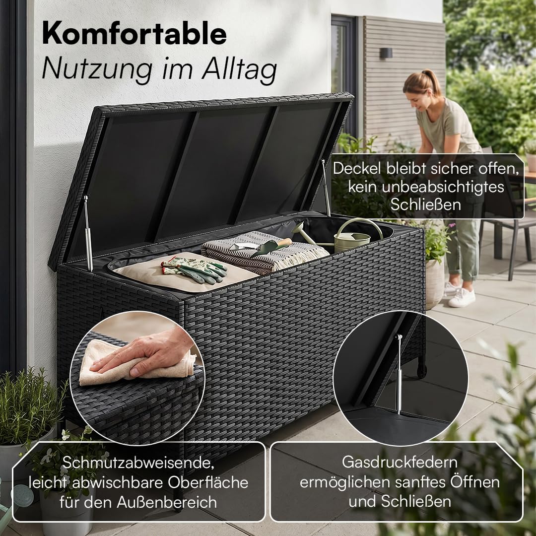 STEELSØN Serion Gartenbox mit Rollen schwarz – Rattan Aufbewahrungsbox Klappdeckel – Outdoor Auflagenbox mit Griffen – Aufbewahrungskiste wetterfest – Gartenkiste Stahlgestell – Kissenbox 140x62x61cm