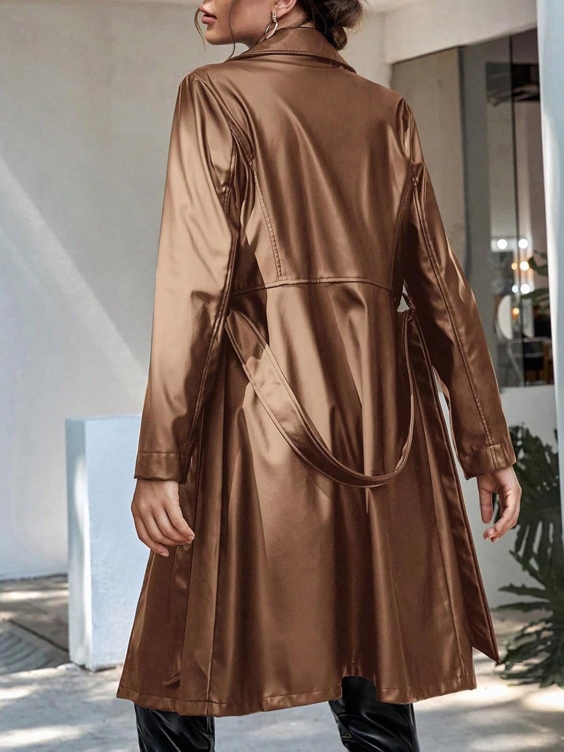 Leather Jacket Women Trench Coat Long Loose Button Jacket Open Front Motorcycle Coat with Belt - Image 5