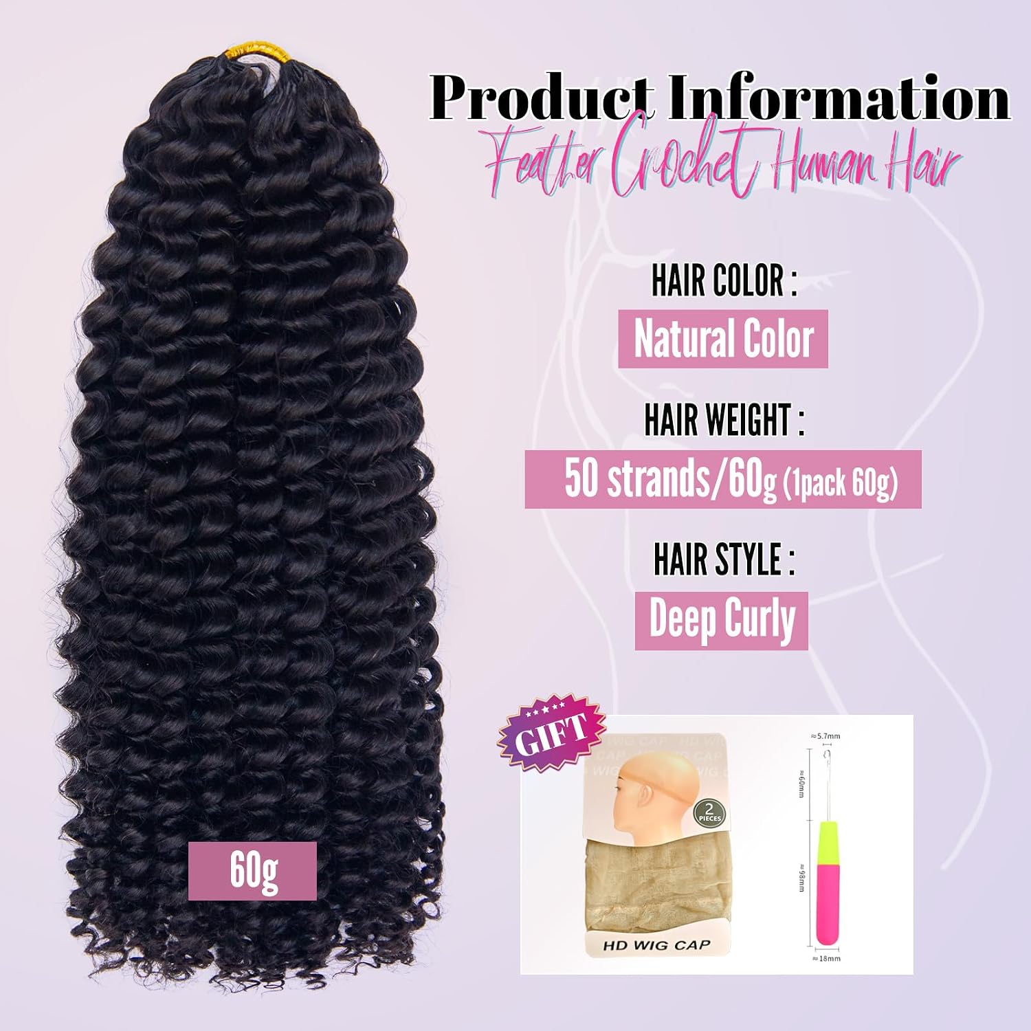 Feather Crochet Human Hair, 60g 16 Inch 12A Brazilian Virgin Deep Curly Crochet Hair for Black Women, Knotless Miracle Knots & Pre-Separated, Easy Braiding, Natural Lightweight & Reusable