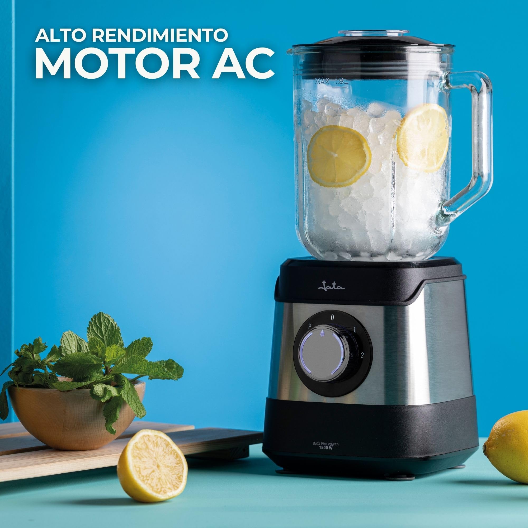 JATA JEBT3855 - Batidora de Vaso 1500 W con Jarra de Cristal 1,8 L, Motor AC Alto Rendimiento 17000 RPM, Tritura Hielo, 2 Velocidades + Pulse, Cuchillas Acero Inoxidable, Sistema Seguridad