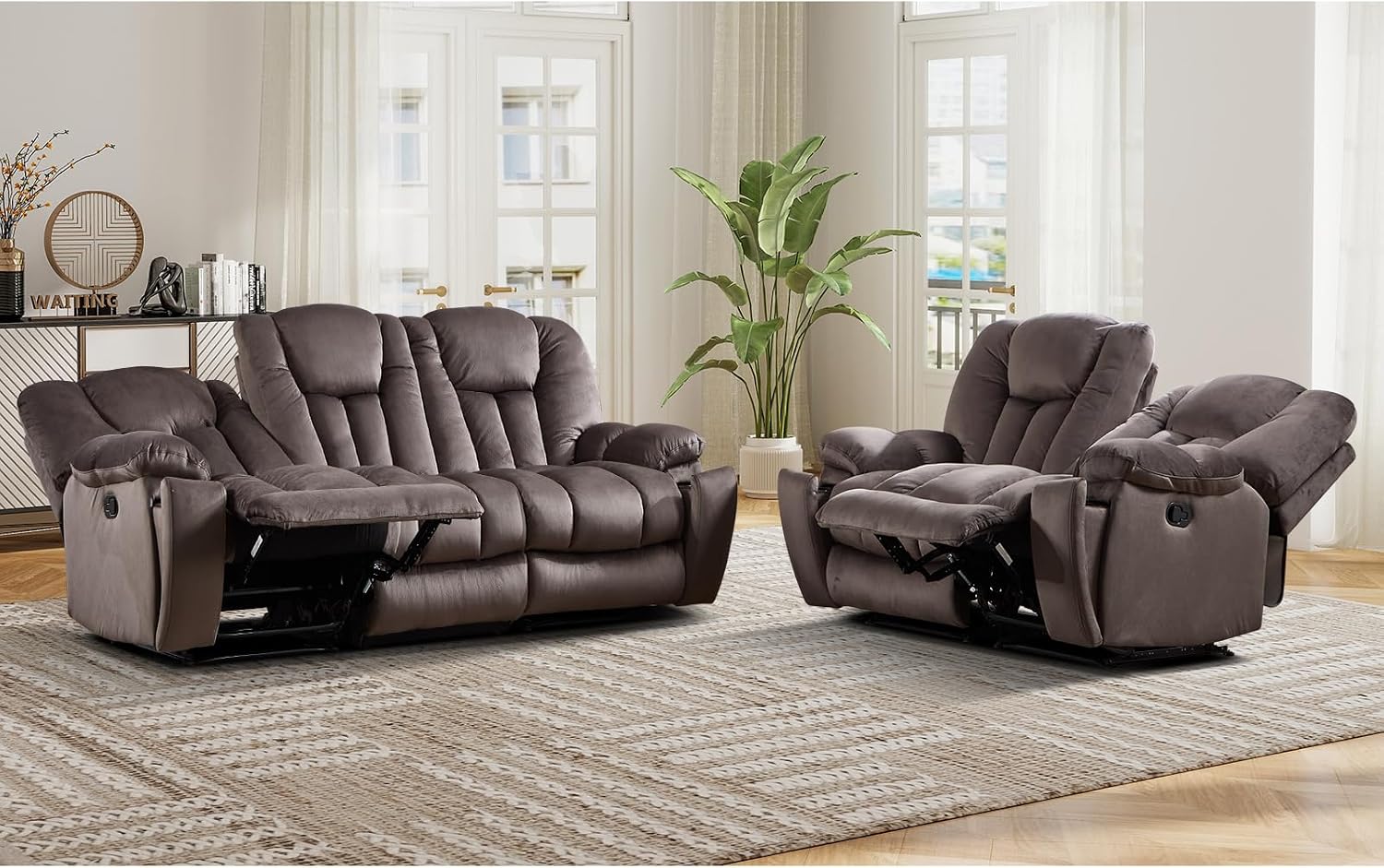 EBELLO 2 Pieces Recliner Sofa Chair Furniture Set, Overstuffed Reclining Loveseat Couch and Wide 3PC Bonded Recliner Sofa Set for Living Room, Brown (Loveseat+Sofa)