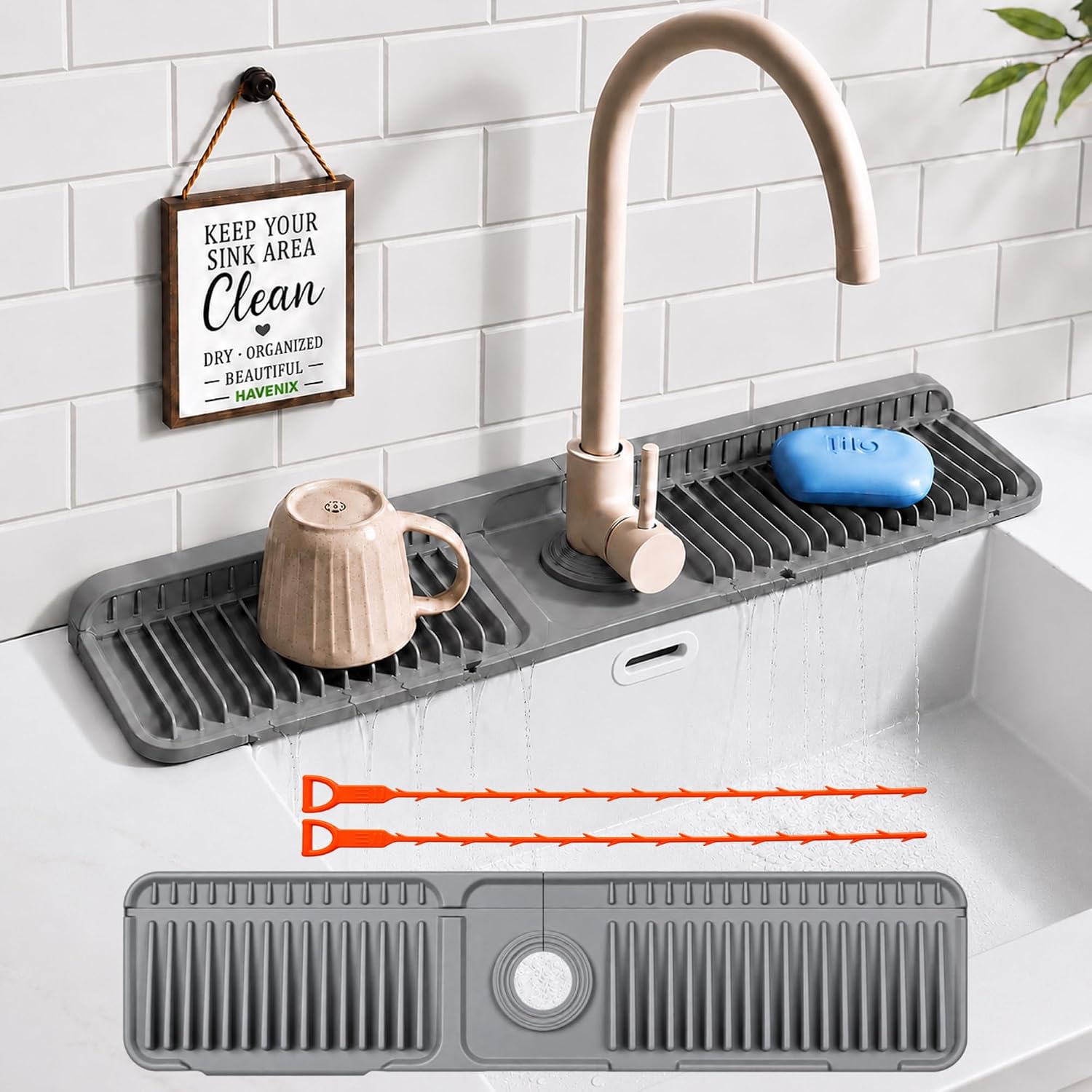 24 Inch Silicone Faucet Mat for Kitchen Sink, 7° Self-Draining Splash Guard