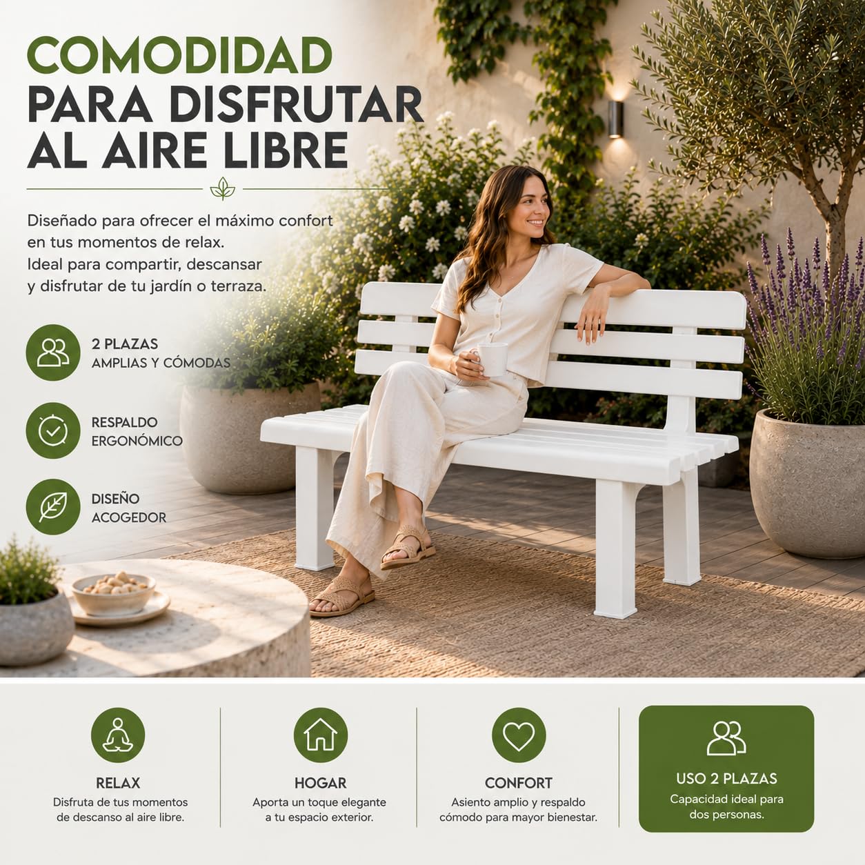Banco de Jardín Exterior 2 Plazas 110x52x71 cm Plástico PP Resistente Blanco 130 kg