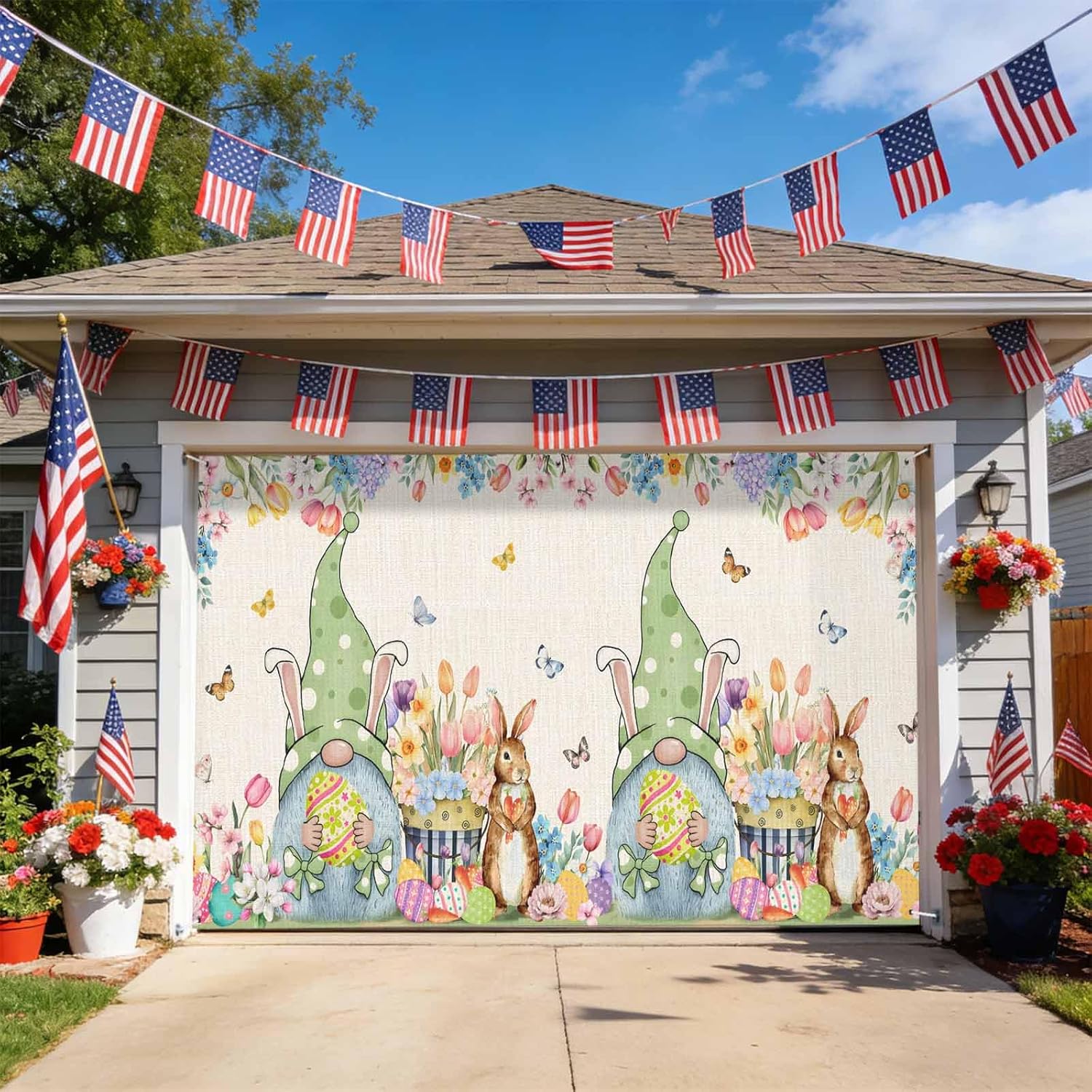 Garage Door Banner 7x16ft, Farm Gnome Rabbit Retro Linen Garage Door Cover Large Backdrop Banners for Outdoor Indoor Party Holiday Birthday Yard Easter Egg Flower Butterfly