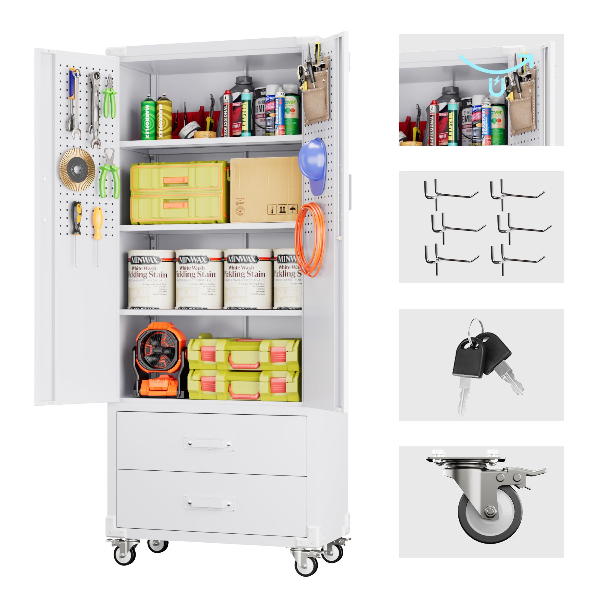 Metal Garage Storage Cabinet with Wheels, 2 Drawers and Pegboard, White