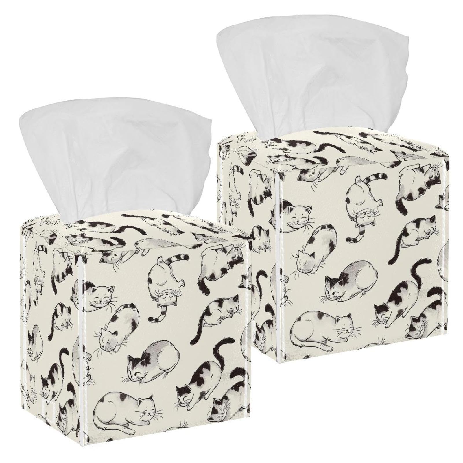 Lovely Cat Tissue Box Cover, 2 Pack PU Leather Square Facial Tissue Dispenser Box holder for Home Office Car