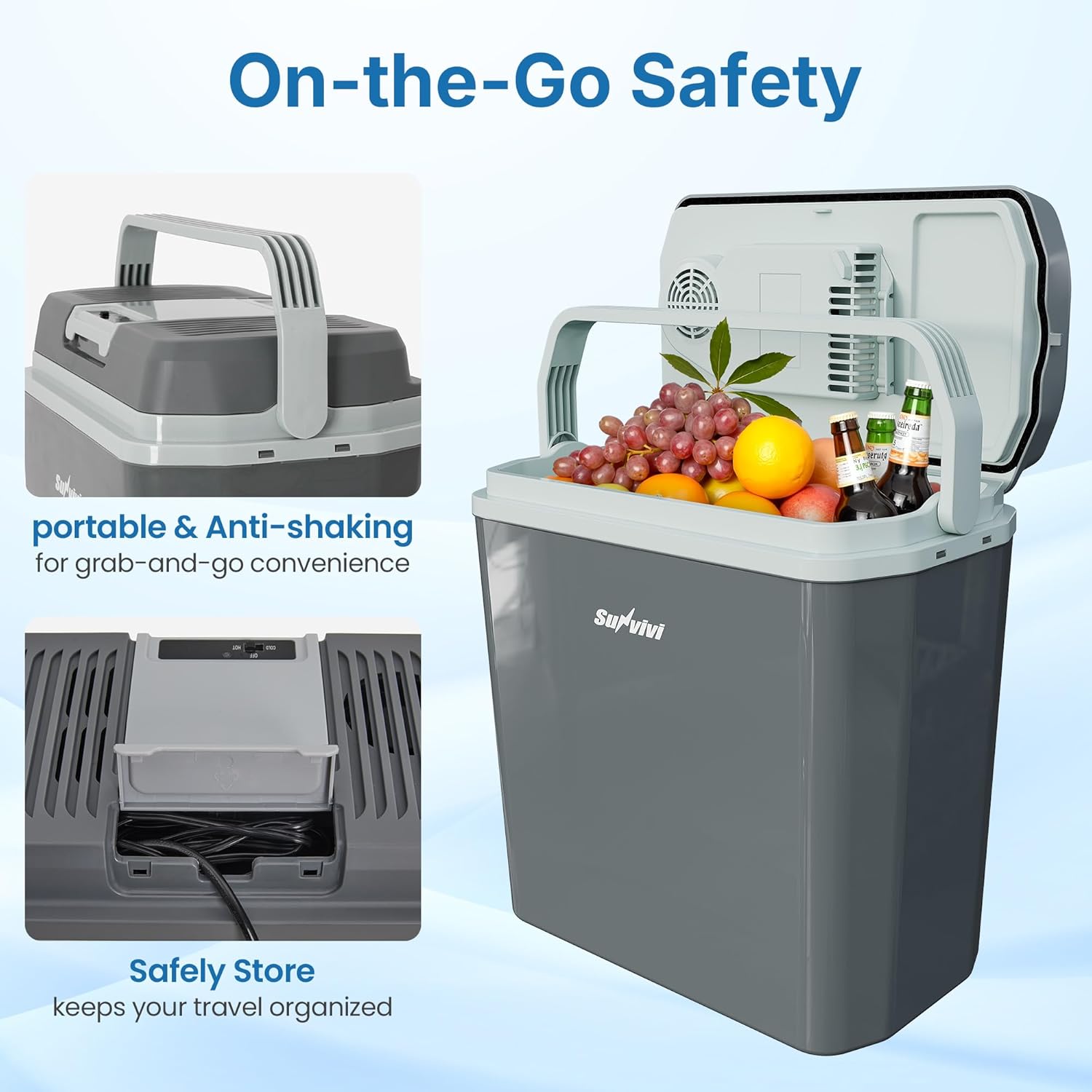 21QT Car Fridge with Handle, 12V Plug-in Electric Cooler & Warmer for Vehicles, Thermoelectric Car Refrigerator, Compact Mini Ice Chest Cooler for Truck, Camping & Travel, Gray