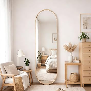 Full Length Oval Mirror 160 50cm Free Standing Aluminium Alloy | Tempered Glass Floor Mirror, Large Wall-Mounted Hanging Mirror for Bedroom, Living Room, Hallway Gold 150*40cm