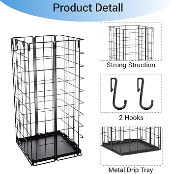 Umbrella Stand, Umbrella Holder for Entryway, Large Metal Foldable Umbrella Rack Organizer Freestanding, with Water Tray and Hooks, Rectangular Hollow Rack 9.5 x 9.5 x 19.7 Inches (Black)