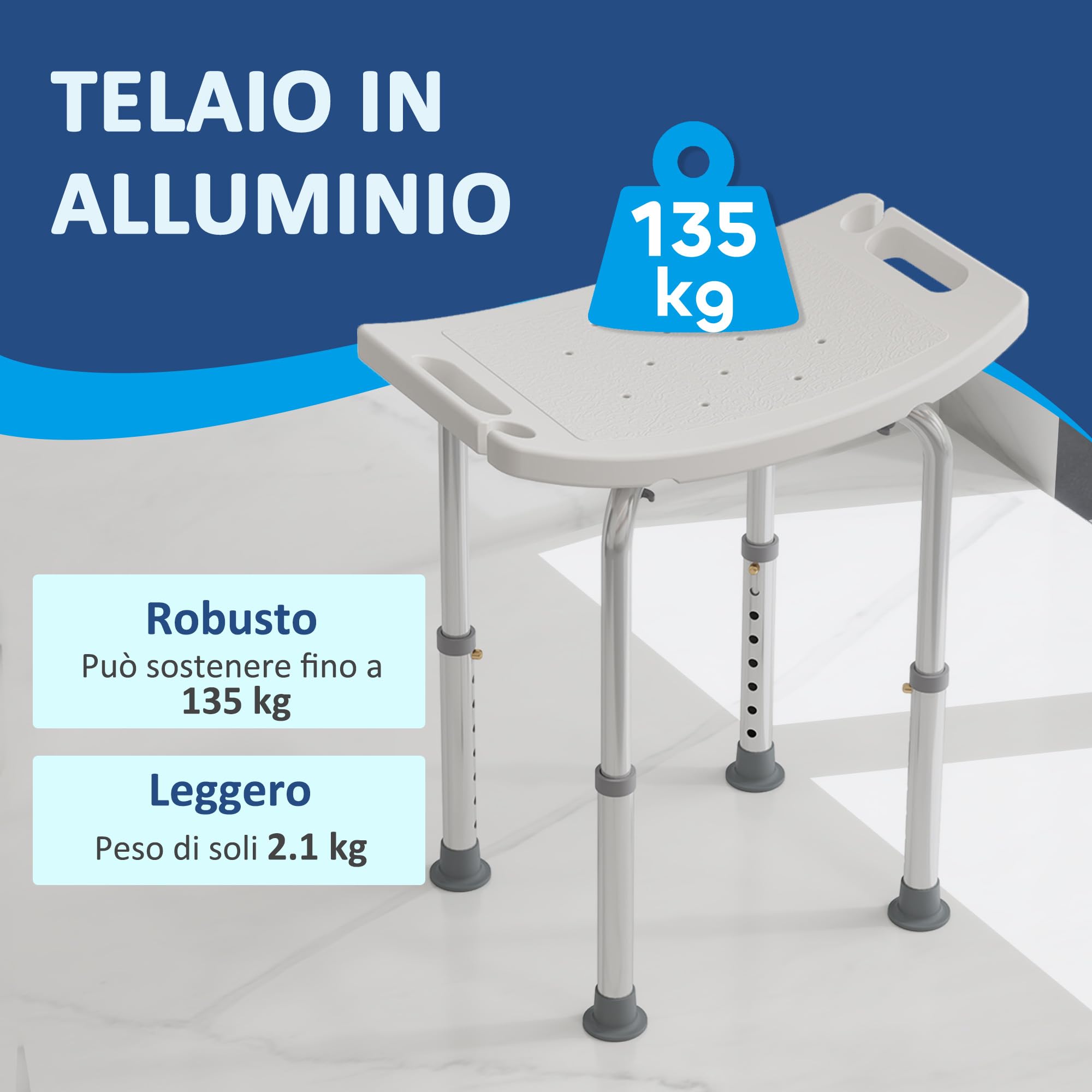 HOMCOM Sgabello Sedile Sedia per Doccia Bagno, Antiscivolo, Altezza Regolabile