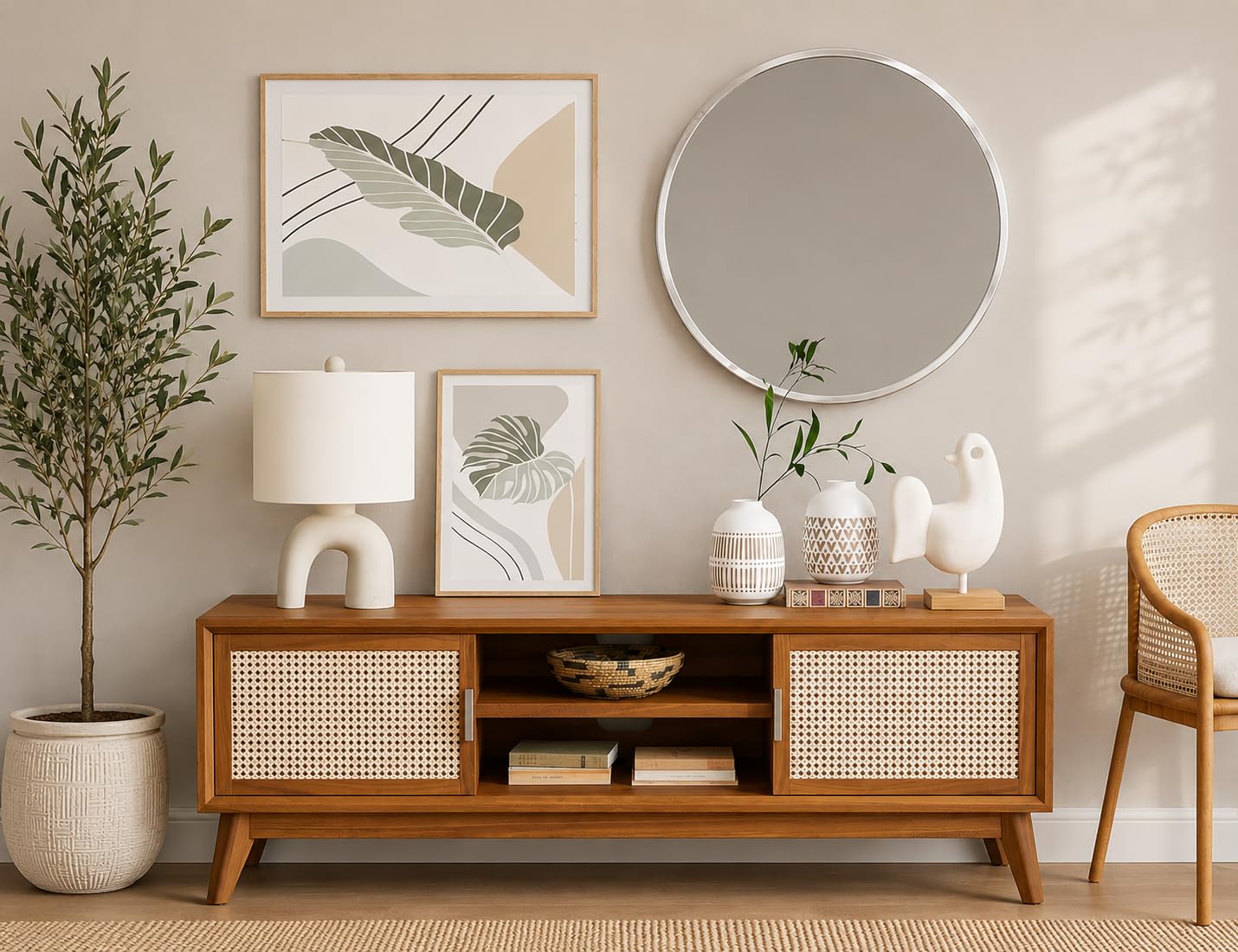 Sheesham Wood TV Unit Stand for Living Room | Wooden Entertainment Console Cabinet with Rattan Cane Doors & Shelf Storage (Honey Colour)-image-13