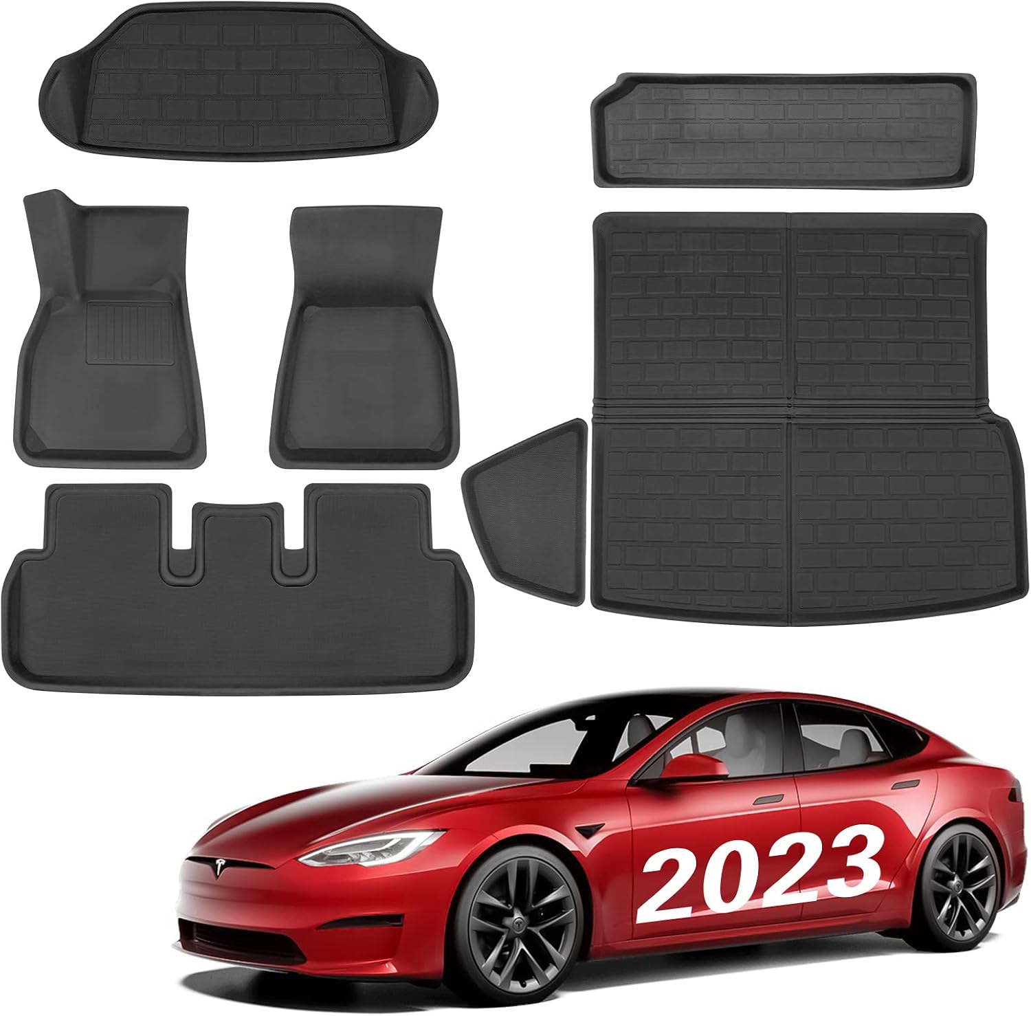 BASENOR 7PCS Tesla Model S Model S Plaid Floor Mats 3D Full Set Liners All-Weather Anti-Slip Waterproof Frunk & Trunk Mat Accessories for 2023 2022 2021 Model S