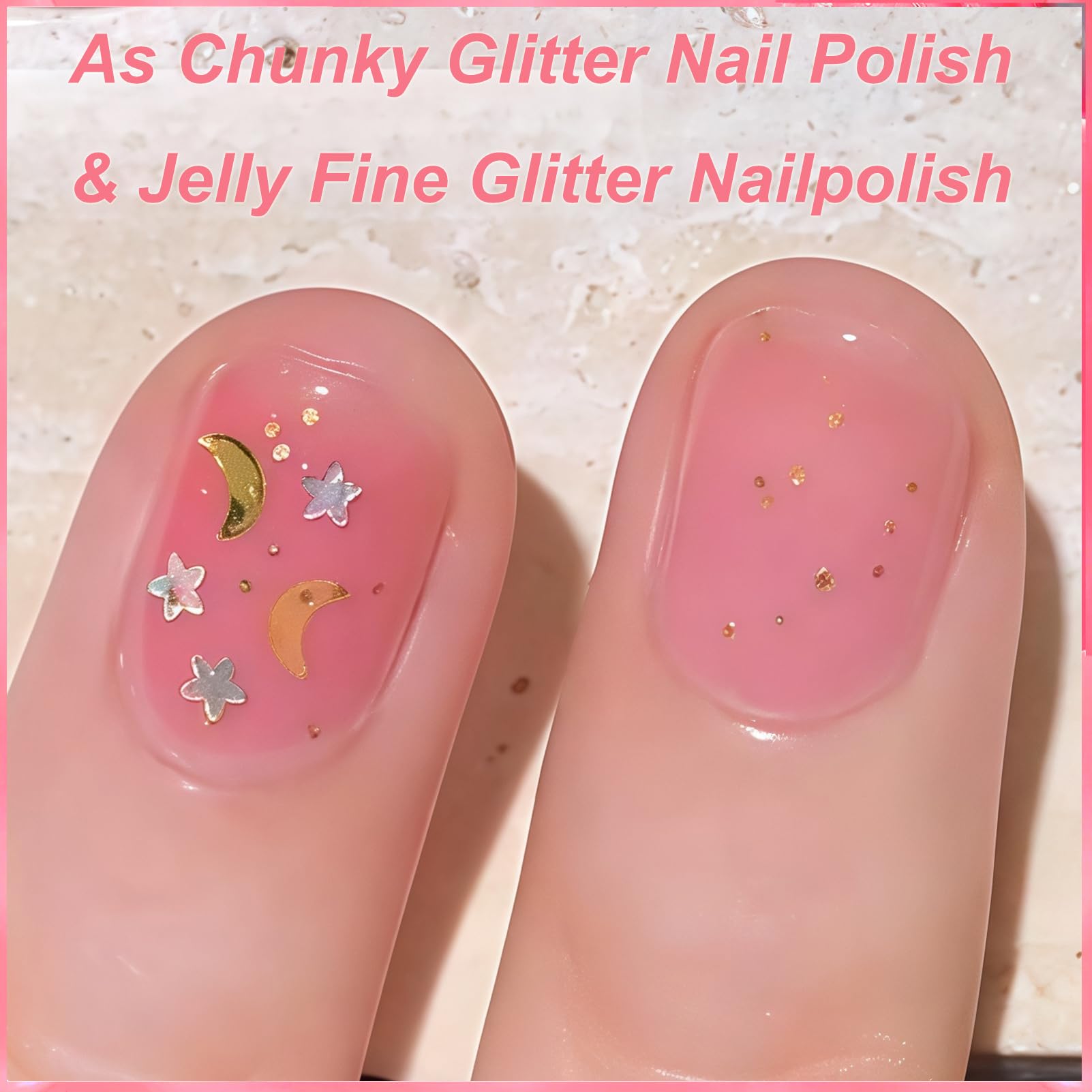 Chunky Star Jelly Glitter Nail Polish – Water-Based Peel Off, Quick Dry, 10ML, Non-Toxic, Pink Jelly Base with Gold Star & Moon Glitter for Women & Girls: Jelly Pink with Glitter