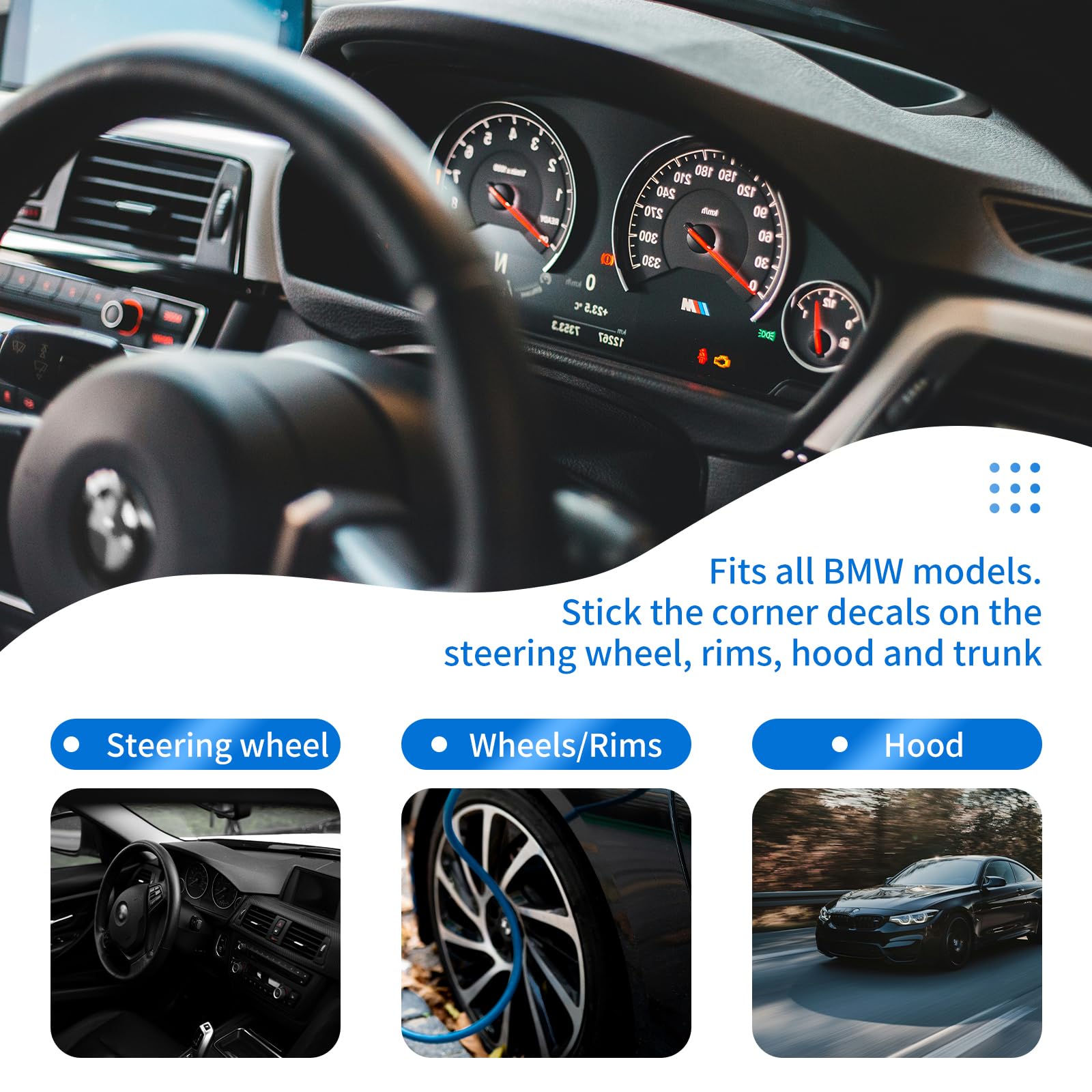 Lot de 60 autocollants avec emblème pour BMW - 8 tailles - Accessoires BMW pour voiture, moto, compatible avec jantes, volant, capot et autres accessoires - Noir - 4