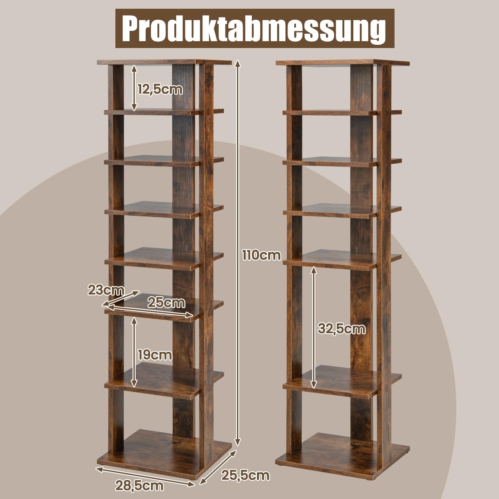 FANTASK 8 stufiges Schuhschrank, Schuhständer Schuh-Organizer aus Holz höhenverstellbar, Standregal, Schuhregal schmal vertikal, Freistehender Eckregal für Eingang & Flur (Braun)