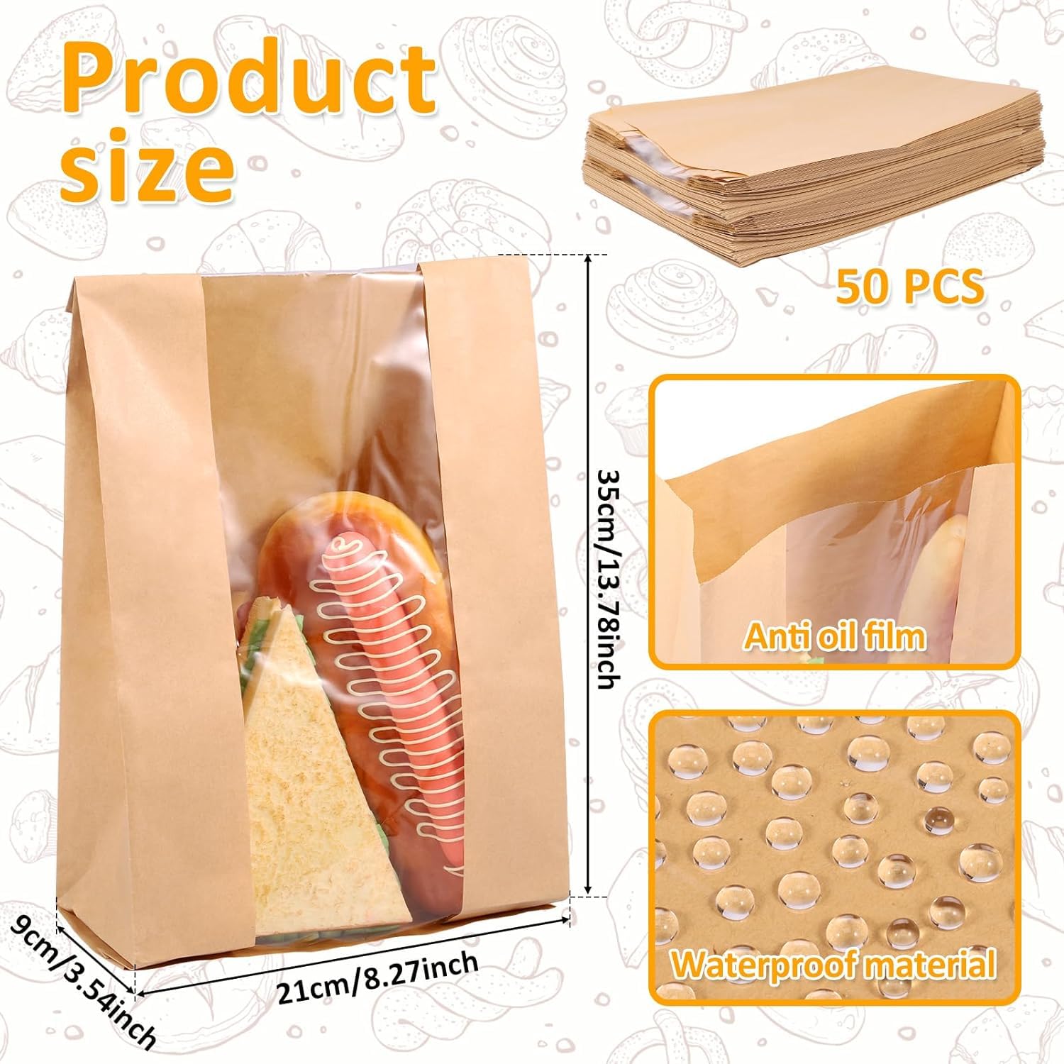 Sacchetti di carta per pane – Confezione da 50 sacchetti per pane fatti in casa con finestra trasparente con etichette adesive adesive per pasticceria sacchetti per biscotti, pane e dolcetti