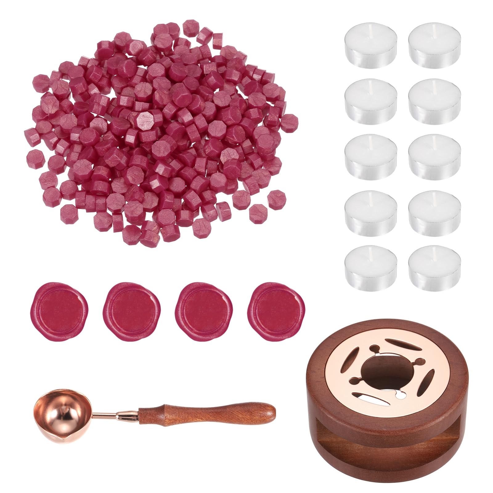 PATIKIL Wax Seal Kit, 300 Pcs Wax Sealing Beads, Wooden Warmer, Melted Spoon, 10 Pcs Tealight Candles for Envelope Letter Mailing Crafts DIY, Golden Red