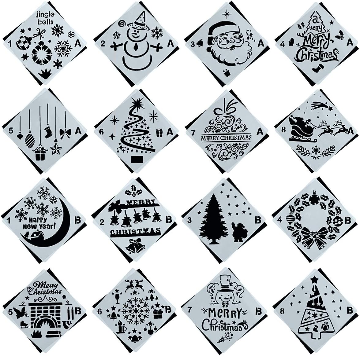 16 Pack Christmas Stencils Journal Stencil Template Set with Santa Claus,Christmas Tree,Snowflakes,Jingling Bell,Snowman,Reindeers Pattern for Card, Wood DIY Drawing Painting Craft Projects