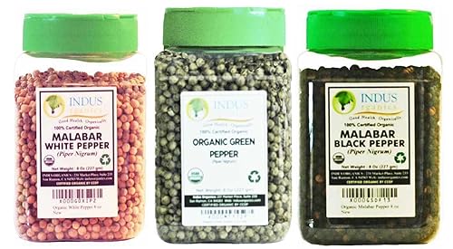Indus organics Granos de pimienta negra (8 onzas), granos de pimienta blanca (8 onzas), granos de pimienta verde (6 onzas), paquete combinado (3