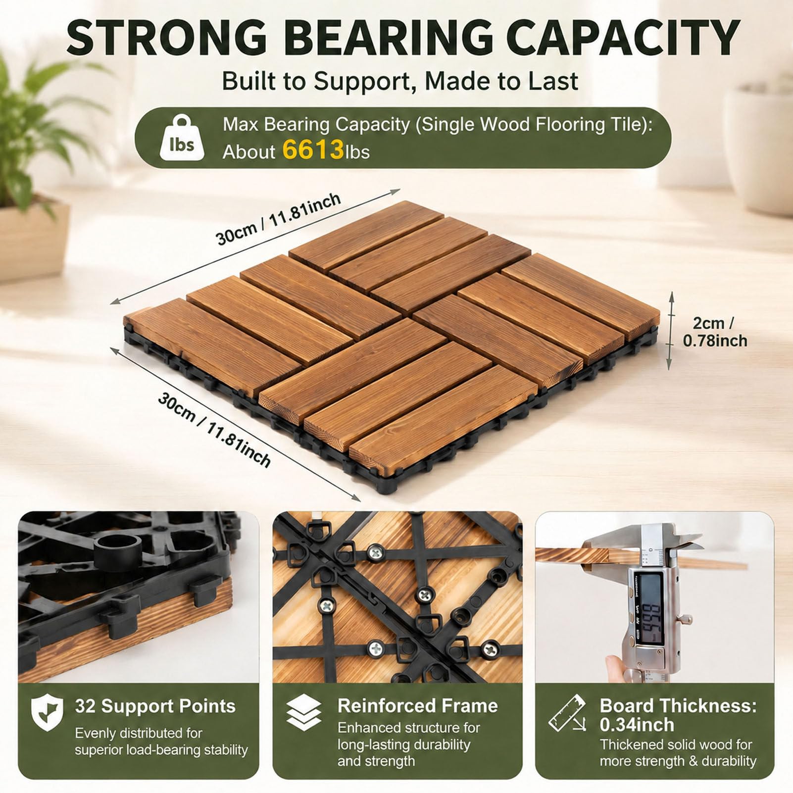 Piastrelle per pavimentazione in Legno di Acacia con Base in PE 12-Slat-33pc | Pavimentazione a incastro 30x30 cm con sistema "click"; piastrelle in legno antiscivolo per esterni (giardini e terrazzi)
