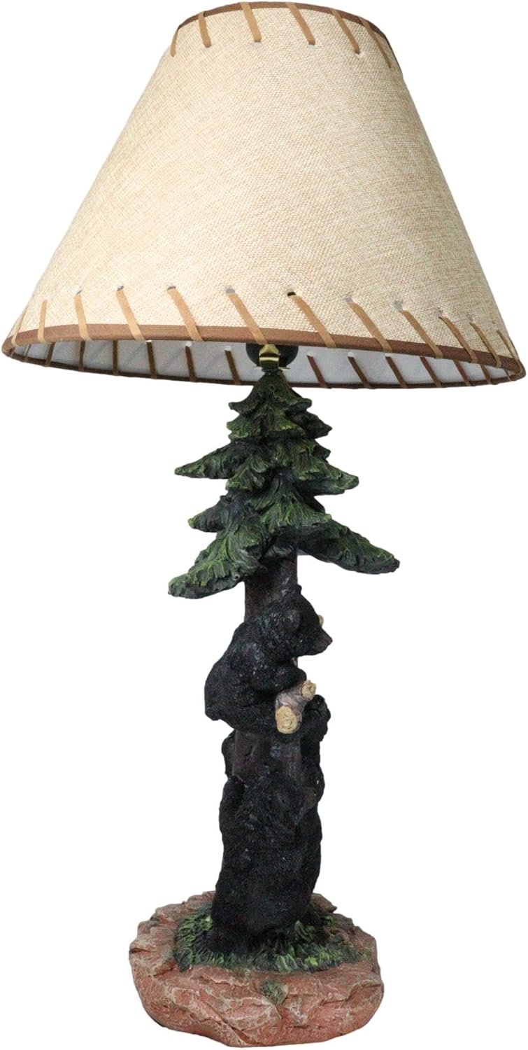 Ebros Gift Rustic Western Whimsical Forest Black Mama Bear with Cubs Climbing On Pine Tree Table Lamp with Bordered Lace Shade Cabin Lodge RV Decorative Accent Lighting
