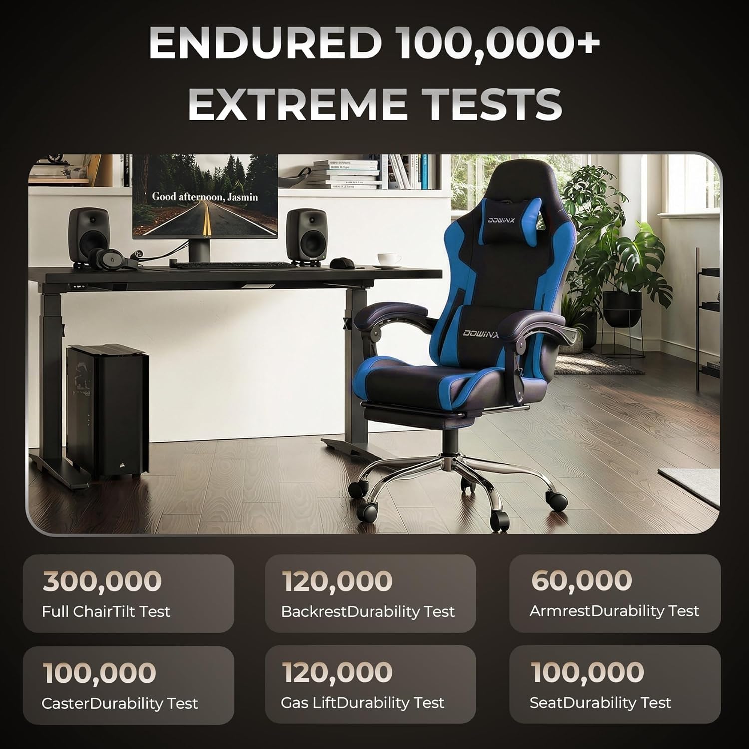 Dowinx Fotel gamingowy, ergonomiczne krzesło dla graczy z podnóżkiem, krzesło biurowe do biura i biura domowego, oparcie regulowane do 150°, obciążenie do 180 kg, niebieskie