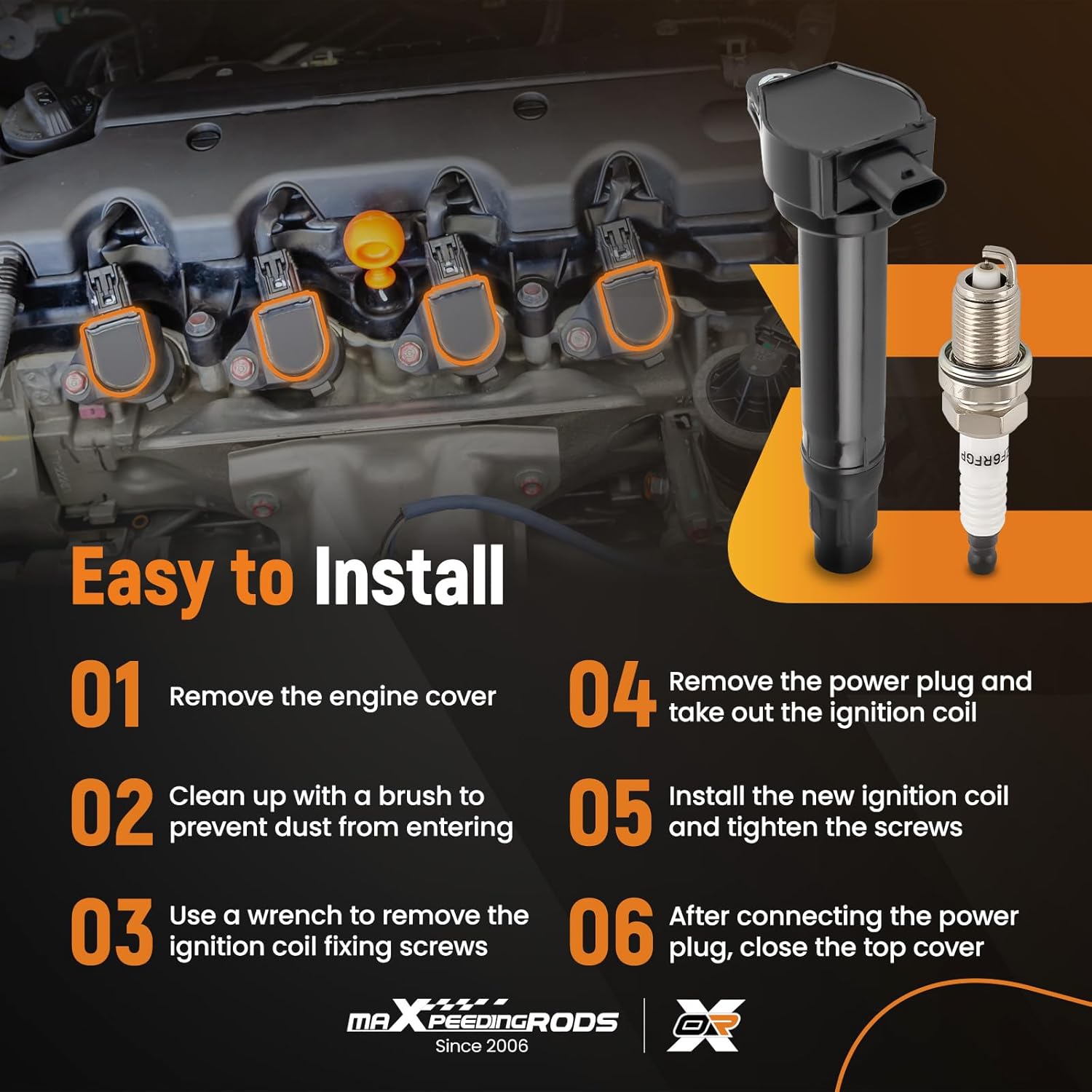 maXpeedingrods UF557 Ignition Coil Pack and 2262 Spark Plugs for Dodge Journey 2.4 2009–2019, Avenger 2.4L 2008–2014, for Chrysler 200 2.4 2007–2017, for Jeep Compass 2007–2017 L4 Coils 4pcs