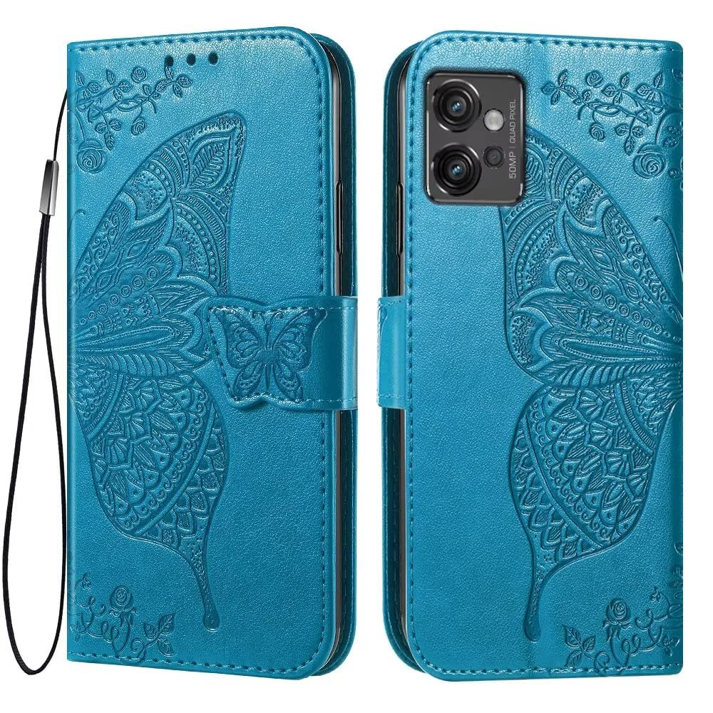 EASSGU Skórzane etui do Motorola Moto g32 (6,5 cala) etui z klapką folio magnetyczne skórzane etui na telefon z 3 przegródkami na karty 1 portfel, etui na telefon - niebieskie