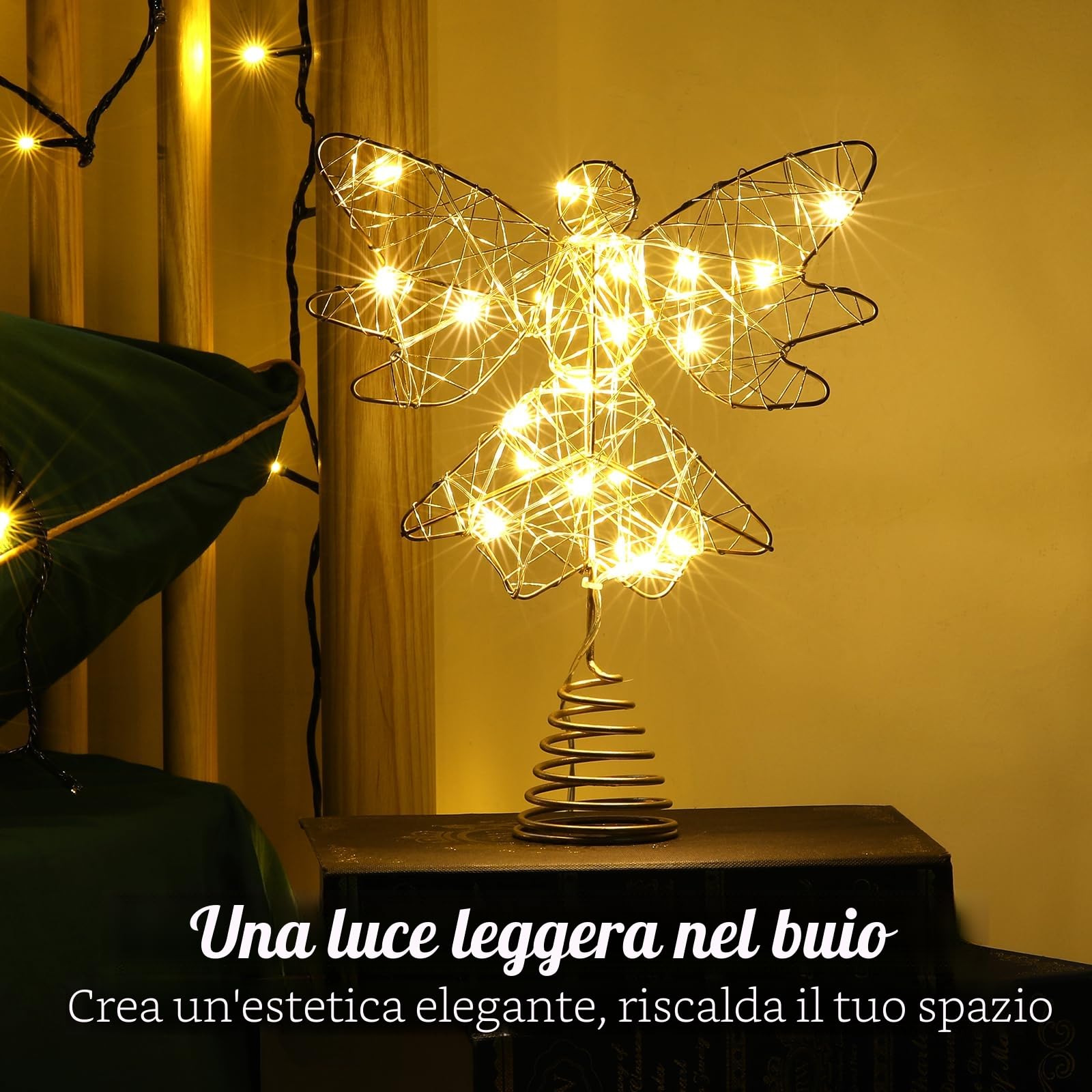 Lewondr Puntale per Albero di Natale a Forma di Angelo, 9,8" Topper con Base a Molla Telecomandato Alimentato da USB con 8 Modalità di Luce, Oro