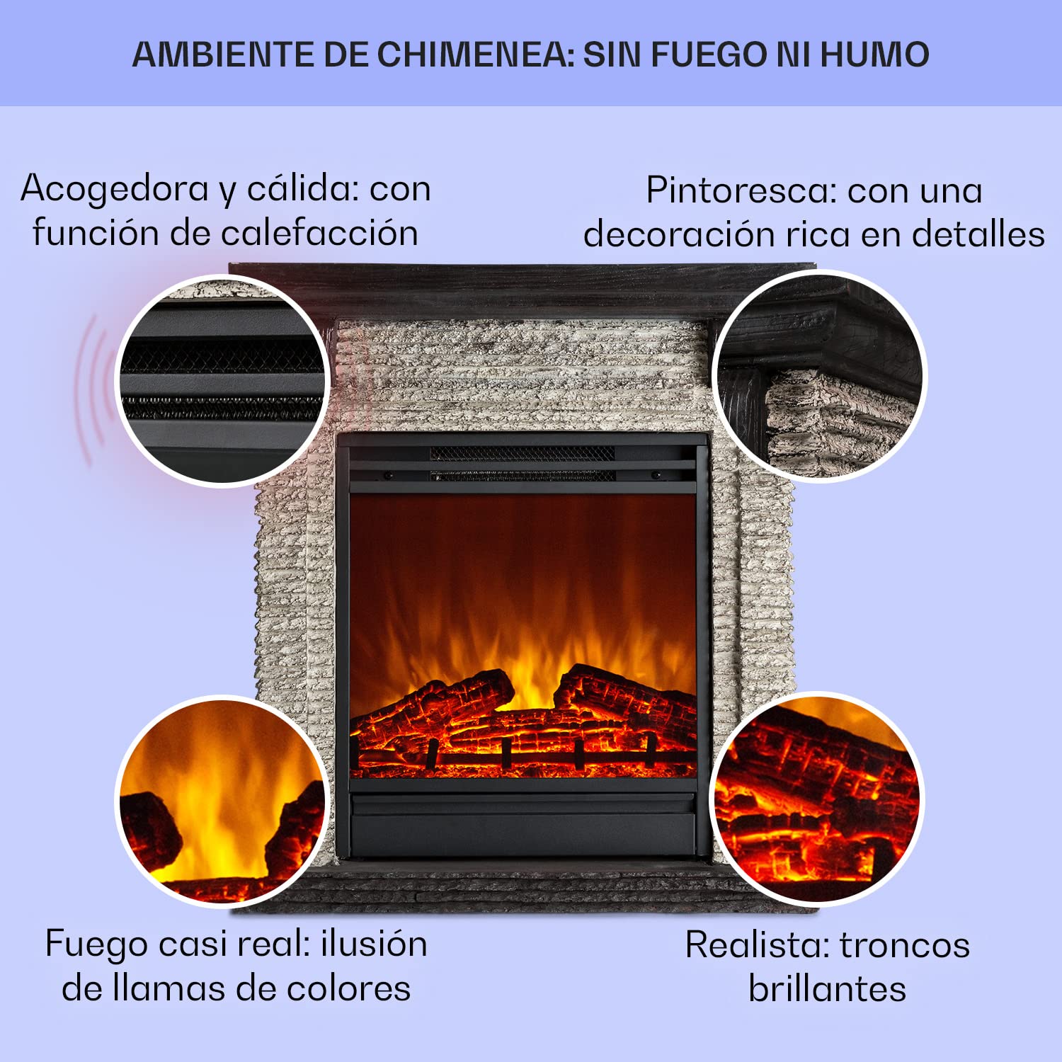 Temporizador Enchufe Chimenea Eléctrica Klarstein 1800W, Llama