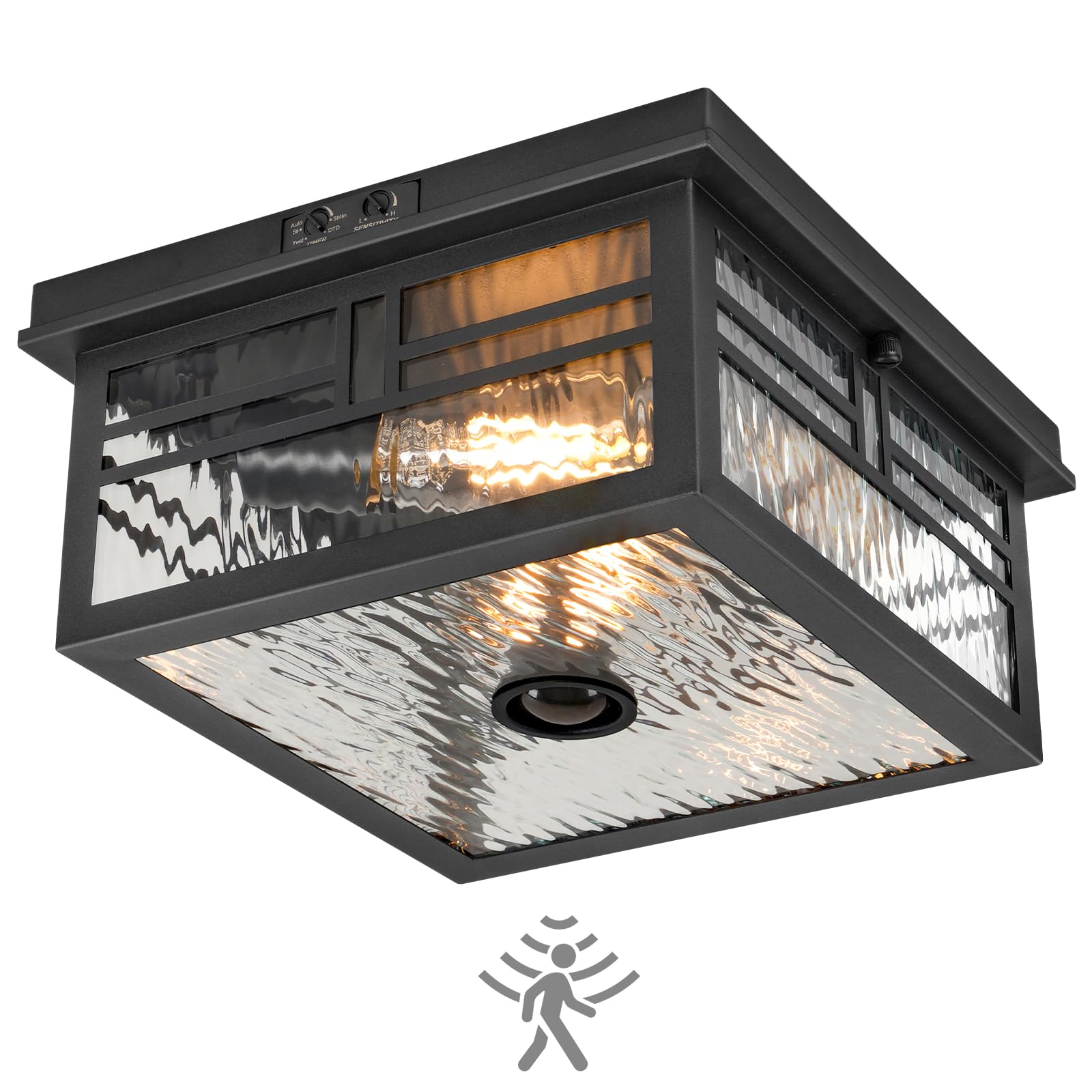 Infrared Sensor Outdoor Ceiling Light, Flush Mount Motion Sensor Ceiling Light, 2-Light Black with Ripple Glass, Bulbs Not Included, 4 Modes, for Porch, Garage, Hallway, Patio,BS07XD05W1 Black + Ripple Glass
